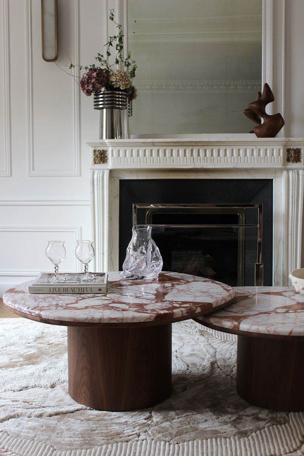 Handcrafted Alexis table Calacatta marble wood - Italian luxury furniture design perspective view