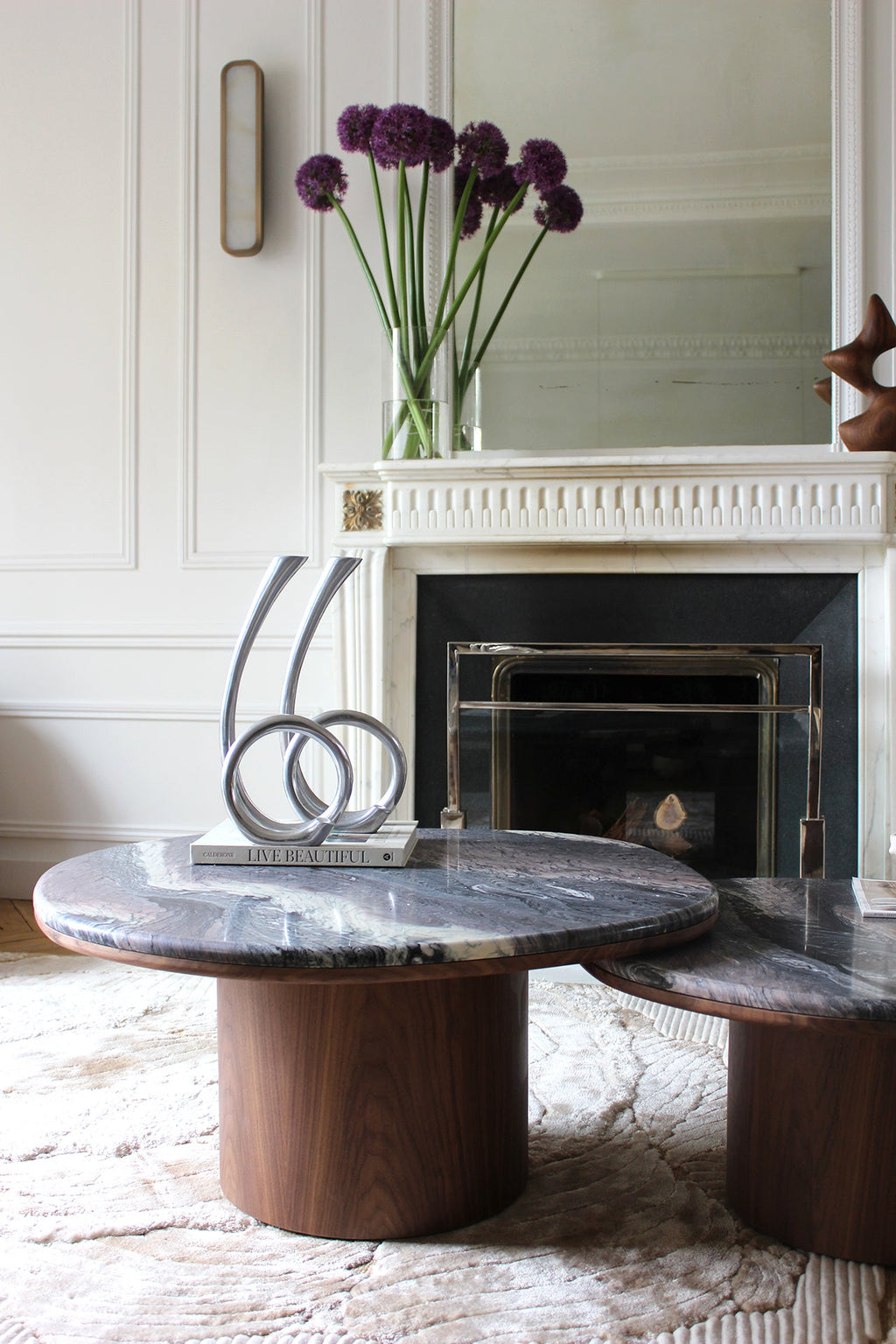 Italian Cipolino marble Alexis duo table wood accent - luxury designer furniture detail view