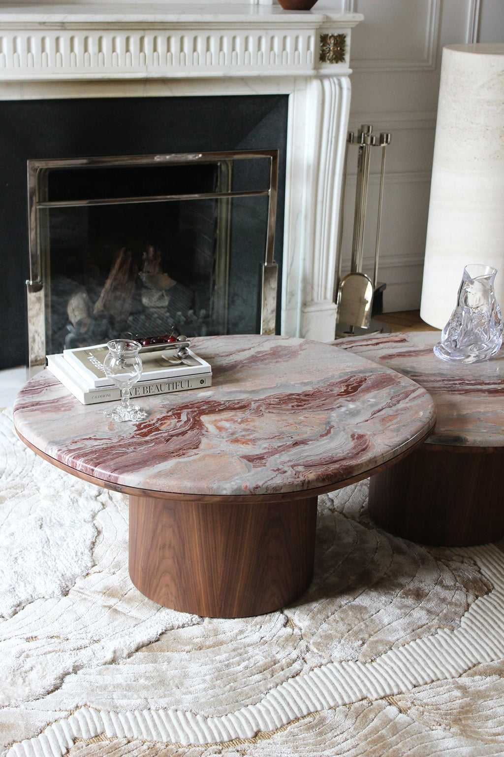 Handcrafted Rosso Orobico marble wood Alexis table - Italian luxury furniture profile display