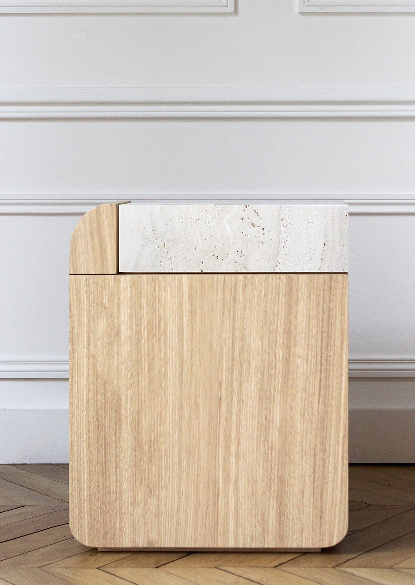 Amo oak wood table with travertine marble base - handcrafted Italian luxury furniture collection
