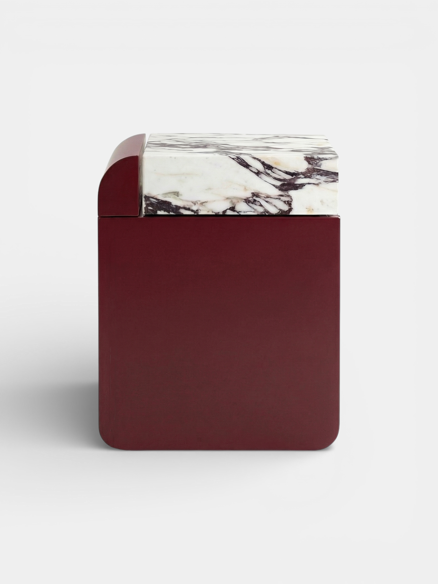 Front elevation of Amo Bordeaux and Viola marble storage table - Italian luxury furniture craftsmanship
