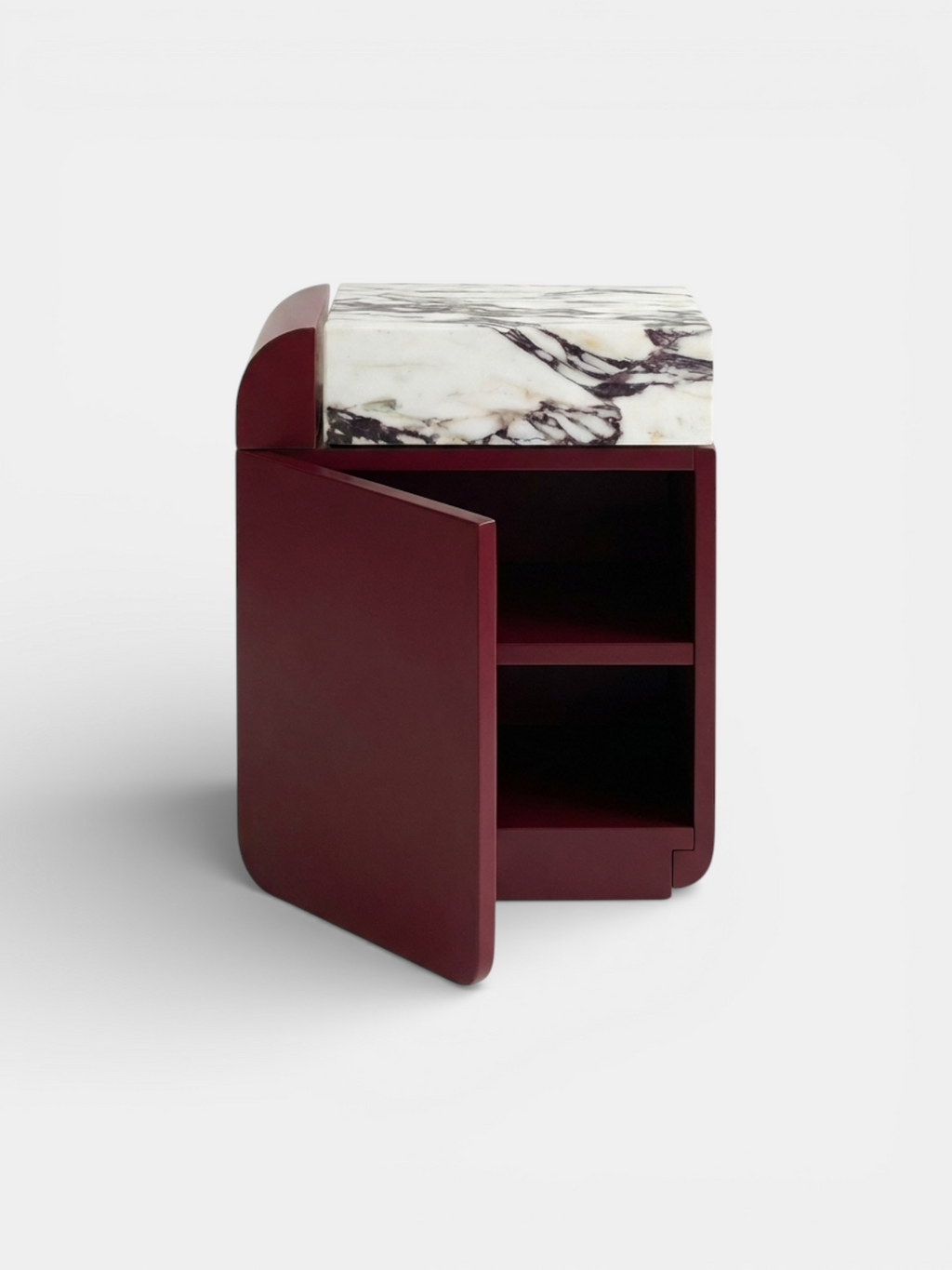 Direct front view of Bordeaux and Viola marble storage table - contemporary Italian design MARBERA
