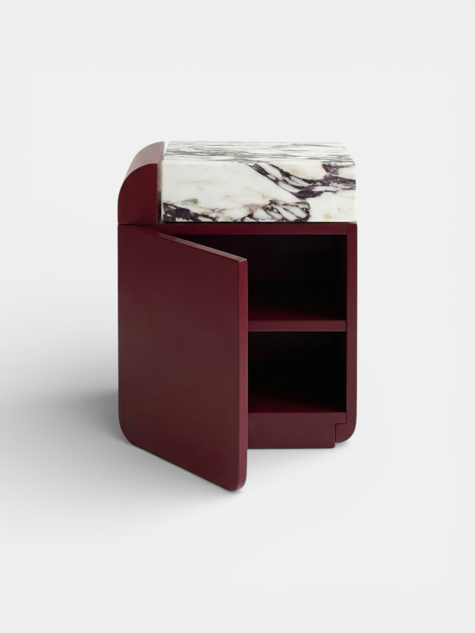 Direct front view of Bordeaux and Viola marble storage table - contemporary Italian design MARBERA