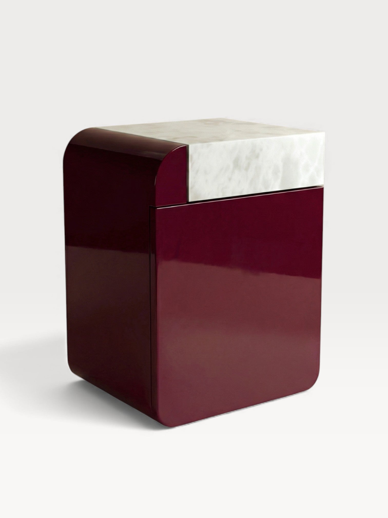 Three-quarter right angle of Bordeaux marble storage table with white onyx - MARBERA Italian luxury