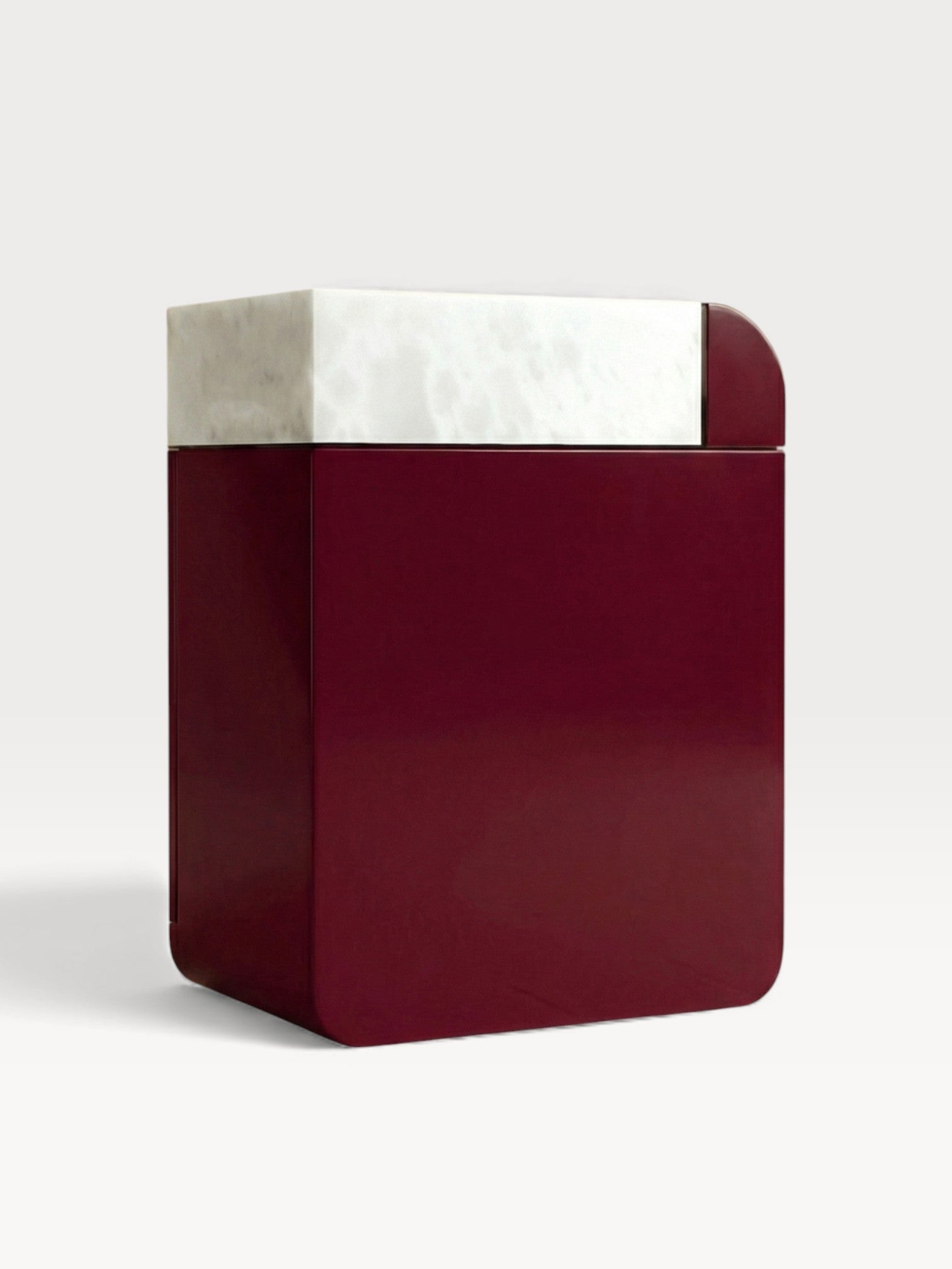 Back view of Amo Bordeaux marble storage table showing white onyx construction details - Italian made