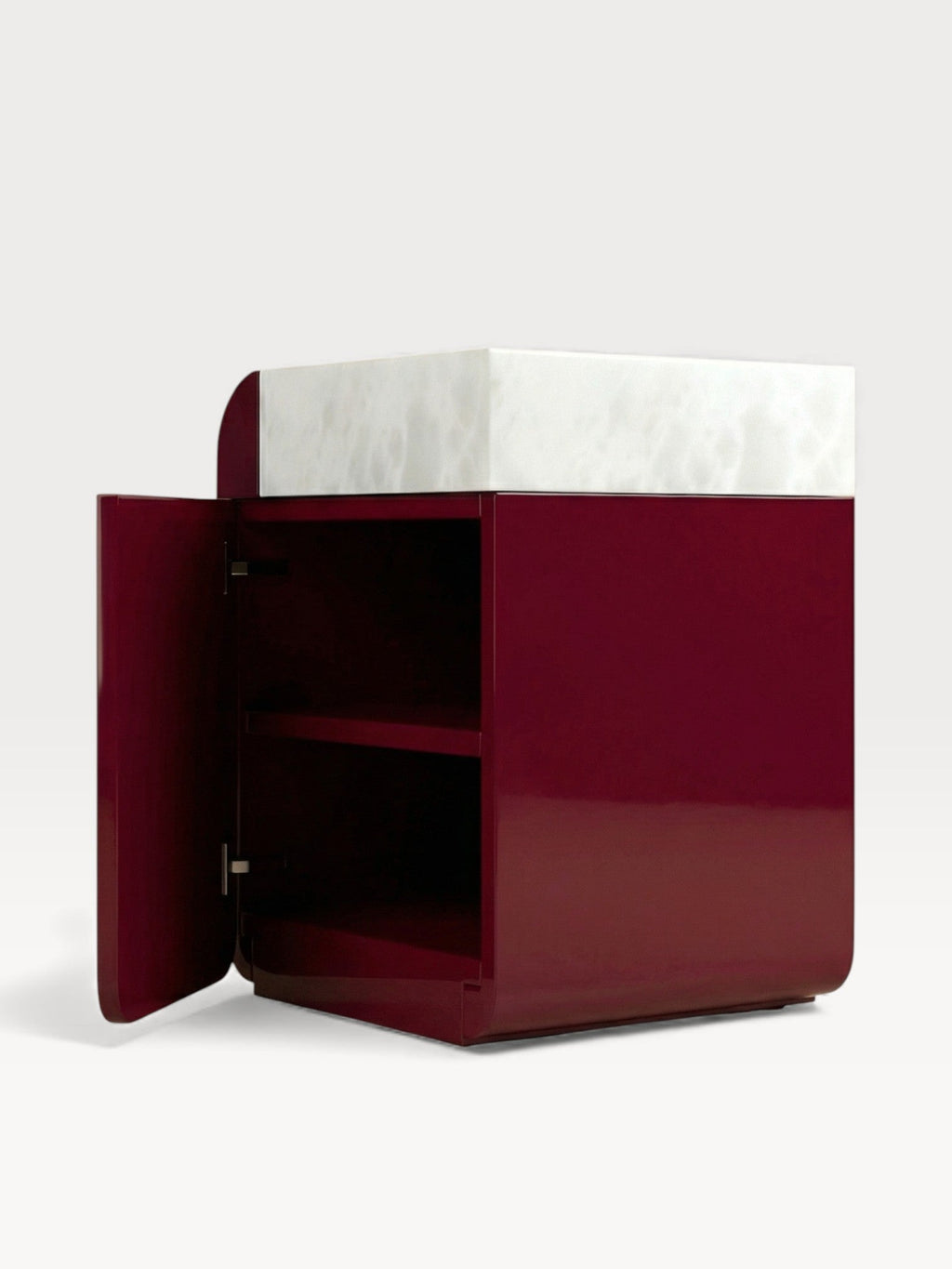 Rear perspective of luxury Bordeaux marble storage table with white onyx base - MARBERA design