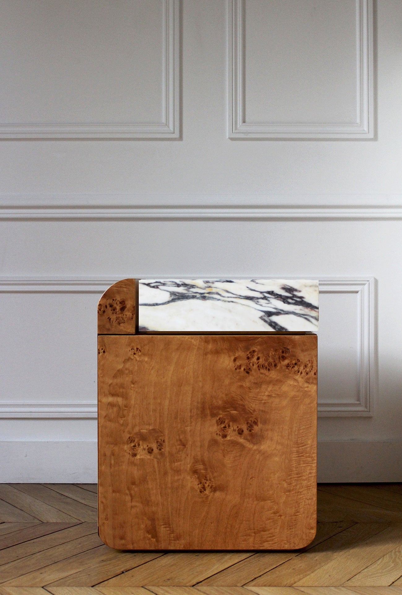 Amo burl wood storage table with Viola marble accent - contemporary Italian handcrafted design