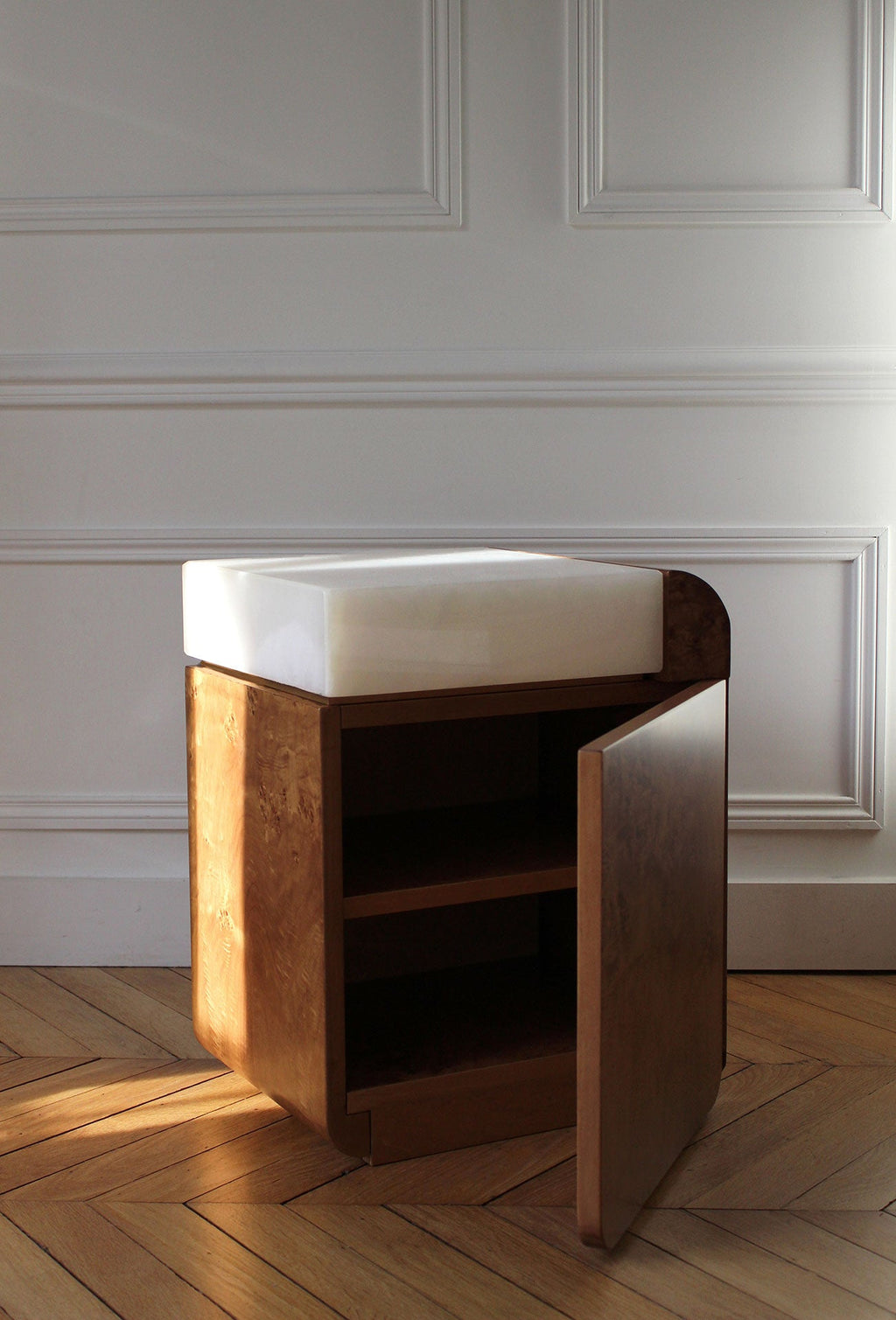 Amo burl wood storage table with white onyx marble base - Italian handcrafted luxury furniture piece