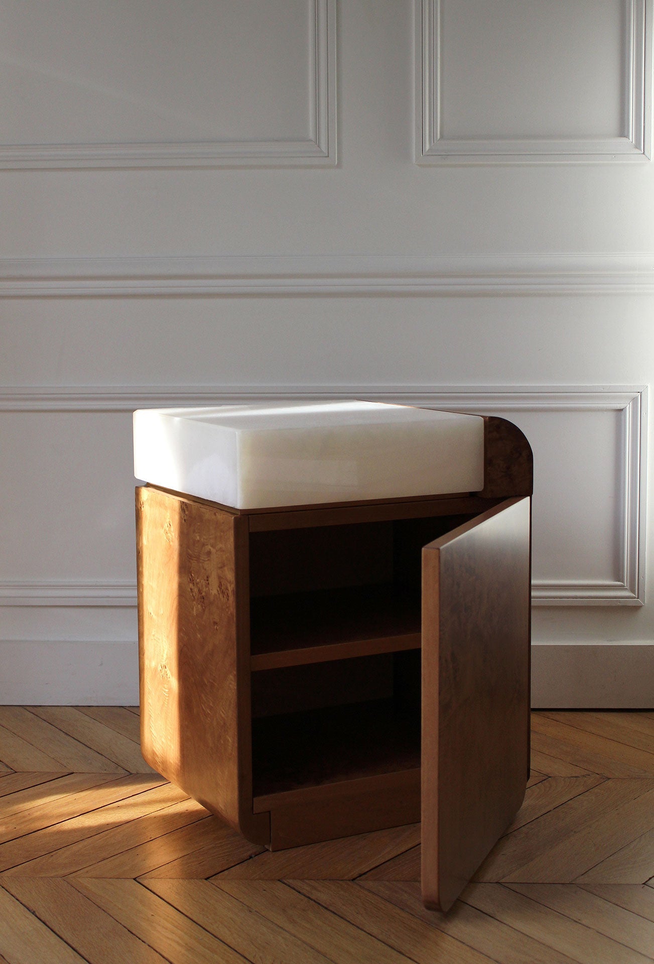 Amo burl wood storage table with white onyx marble base - Italian handcrafted luxury furniture piece