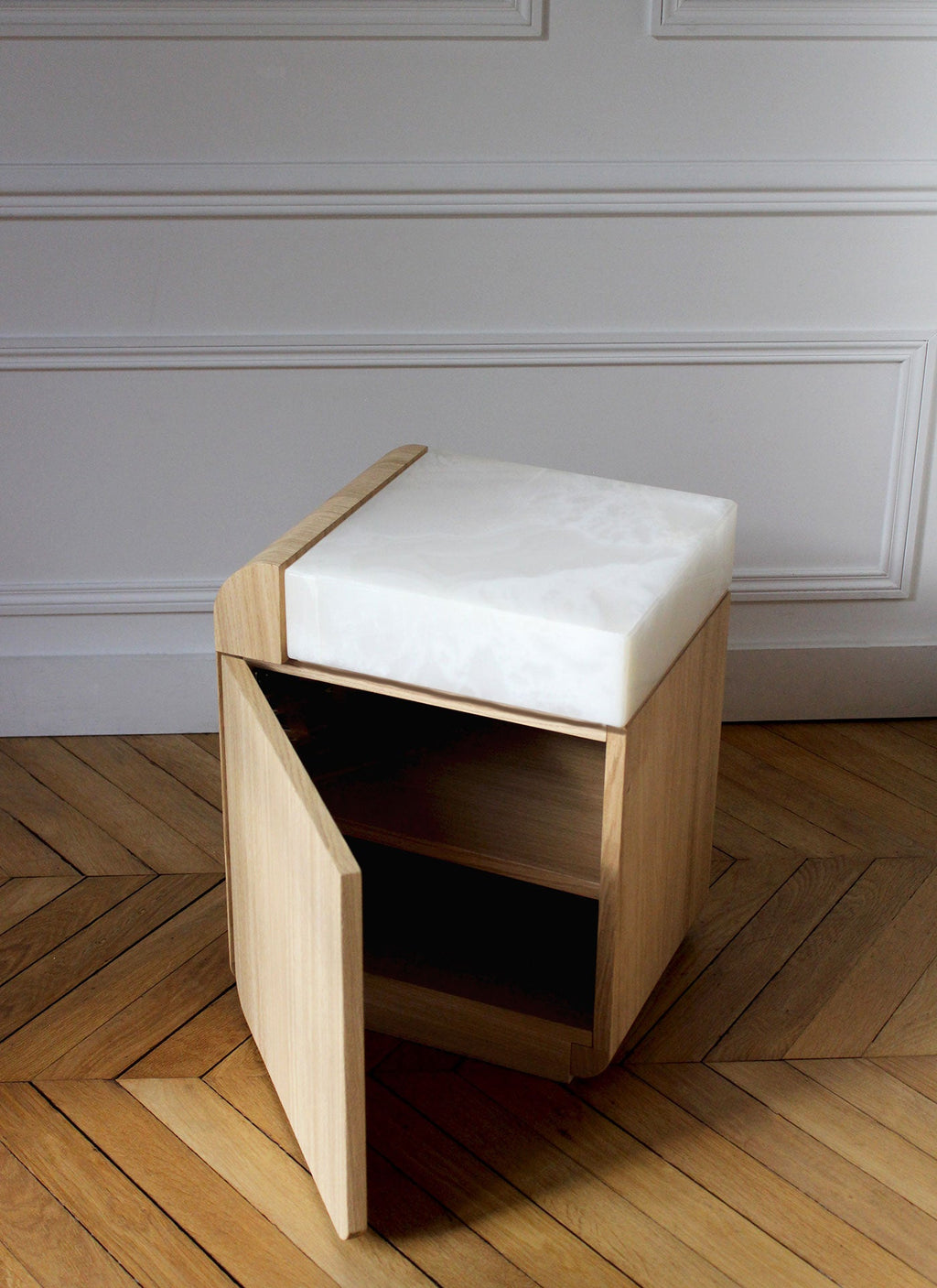 Open view of oak wood storage table with white onyx marble interior - Italian handcrafted luxury