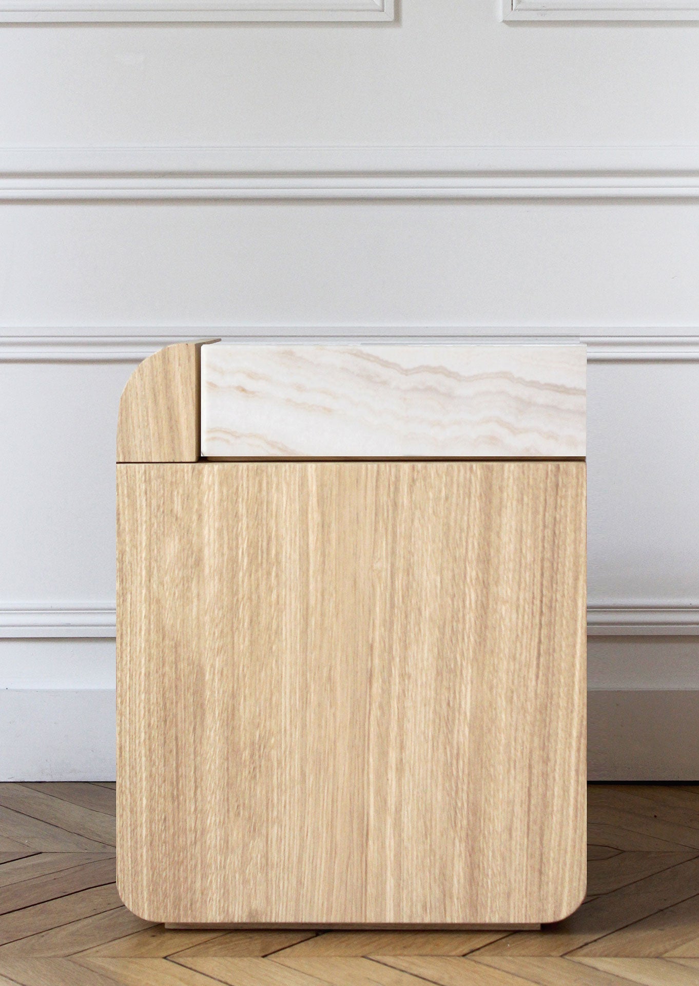 Oak wood storage table with ivory onyx marble - contemporary Italian luxury MARBERA furniture