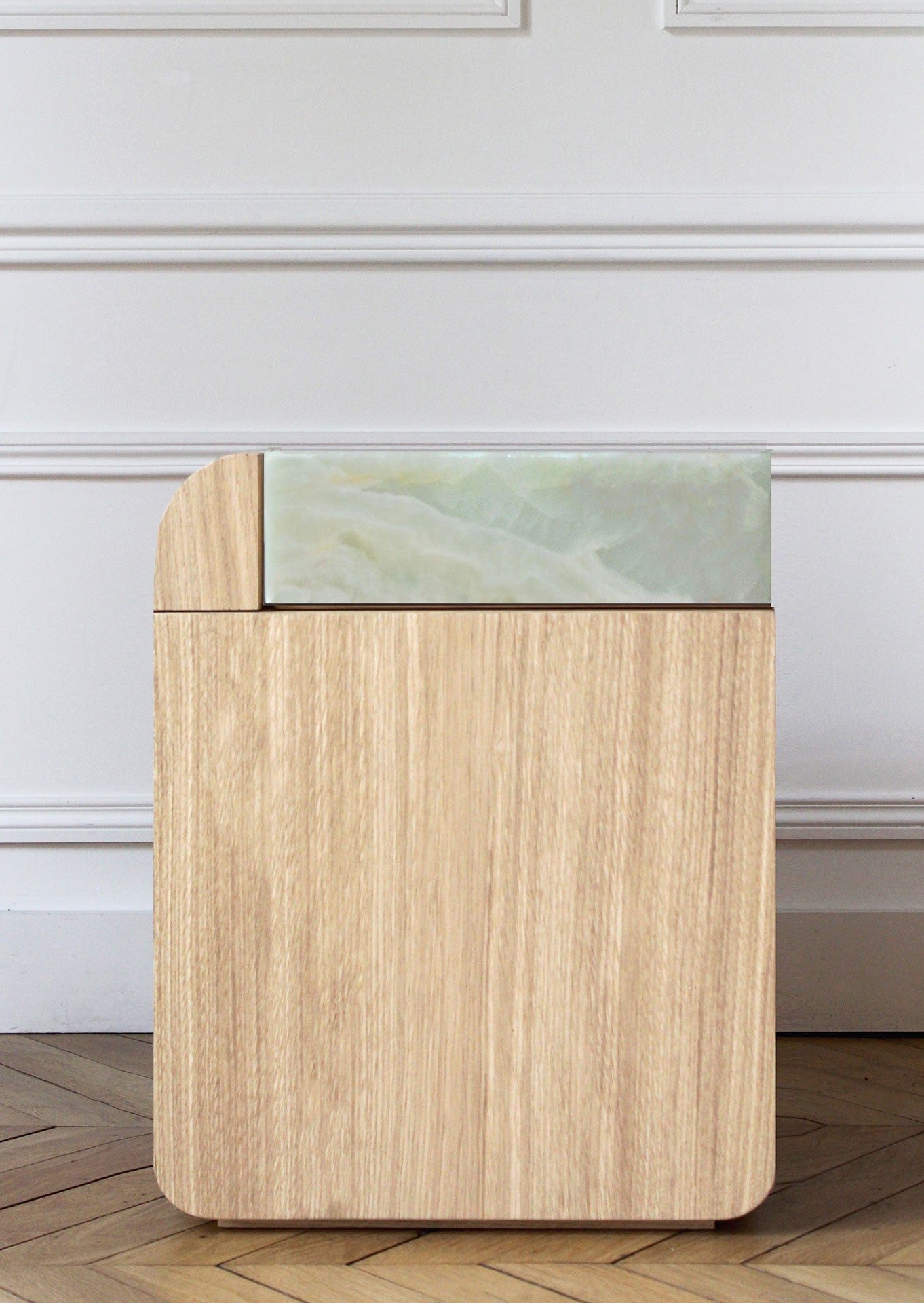 Amo oak wood table featuring green onyx marble base - Italian handcrafted luxury furniture piece