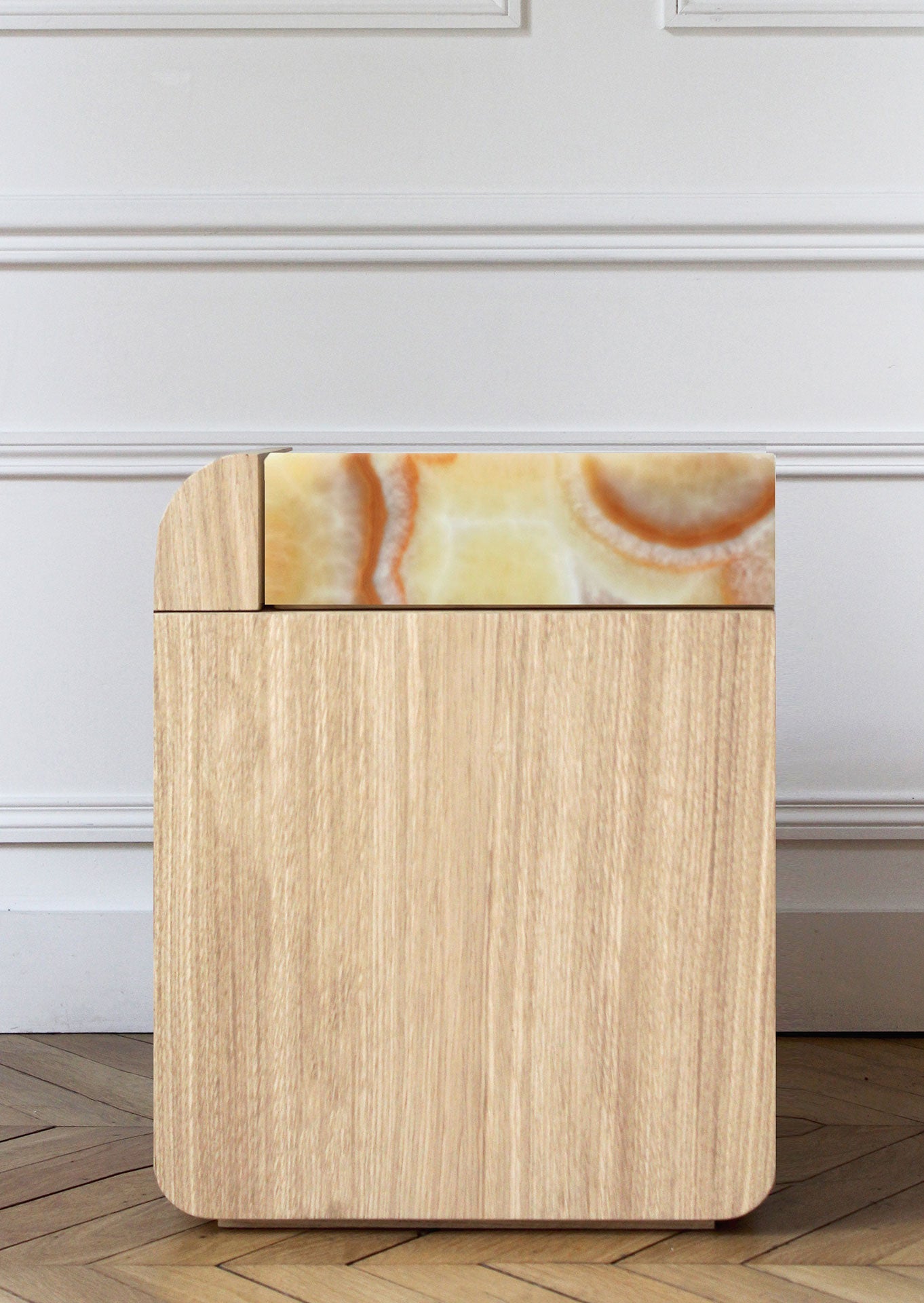 Oak wood storage table featuring Sixties onyx marble - Italian contemporary luxury furniture MARBERA