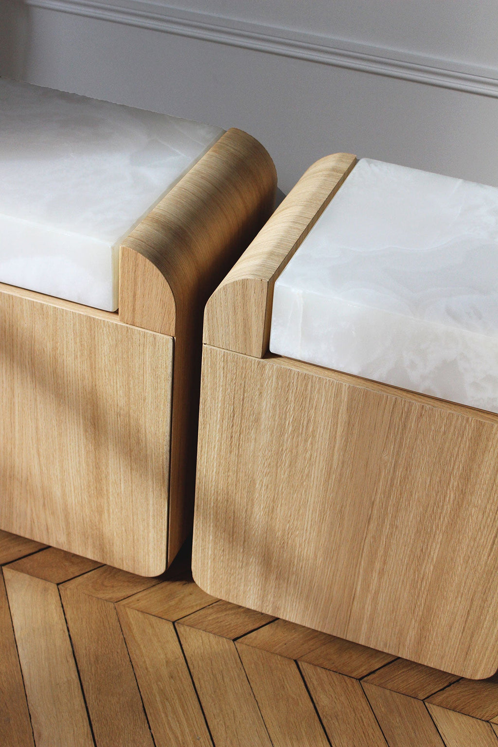 Three oak wood storage tables arrangement - contemporary Italian luxury furniture MARBERA design