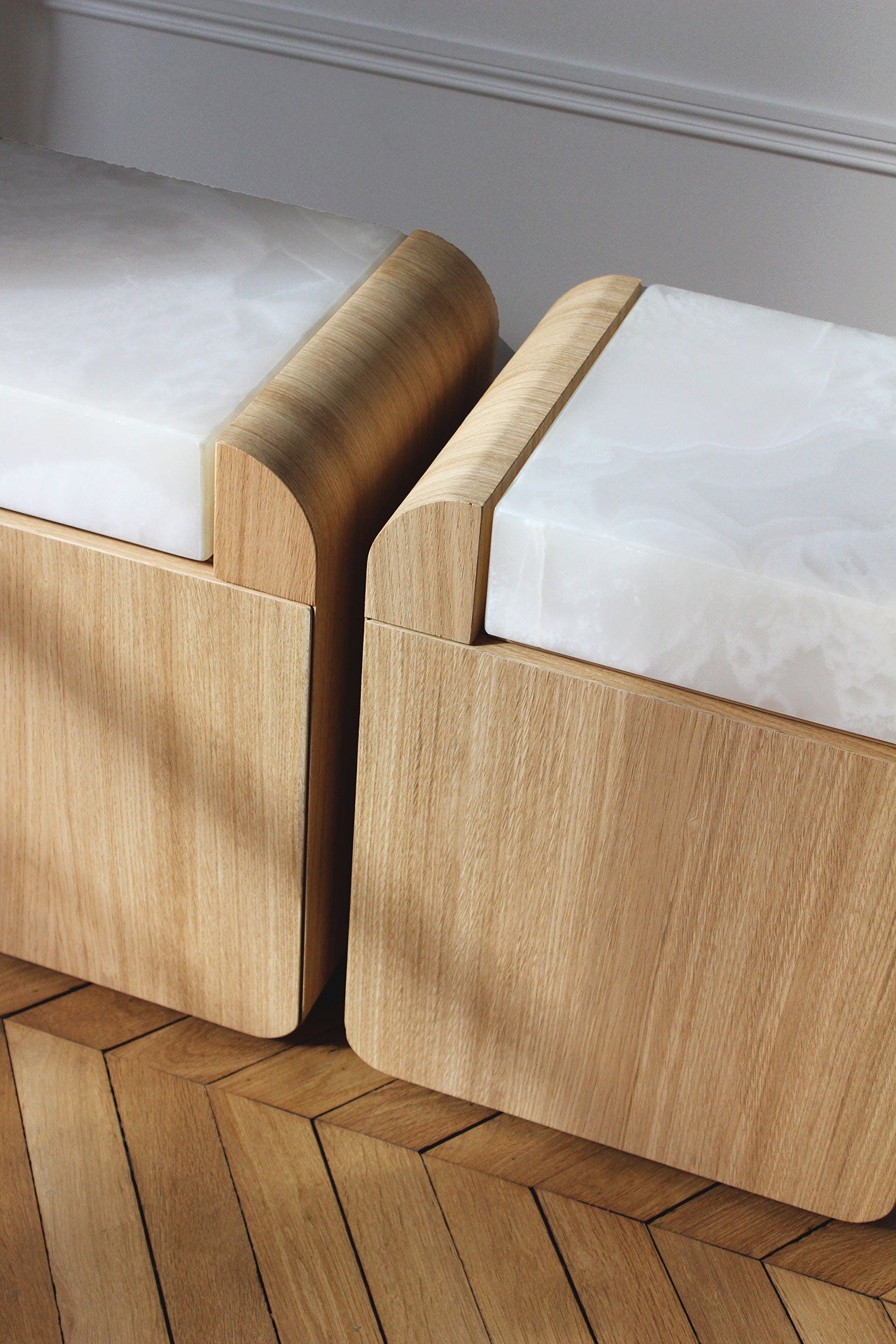 Three oak wood storage tables arrangement - contemporary Italian luxury furniture MARBERA design