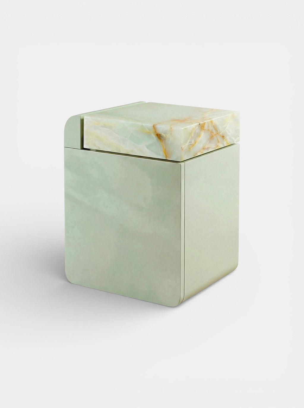Three-quarter right angle of green onyx marble storage table - Italian handcrafted luxury furniture