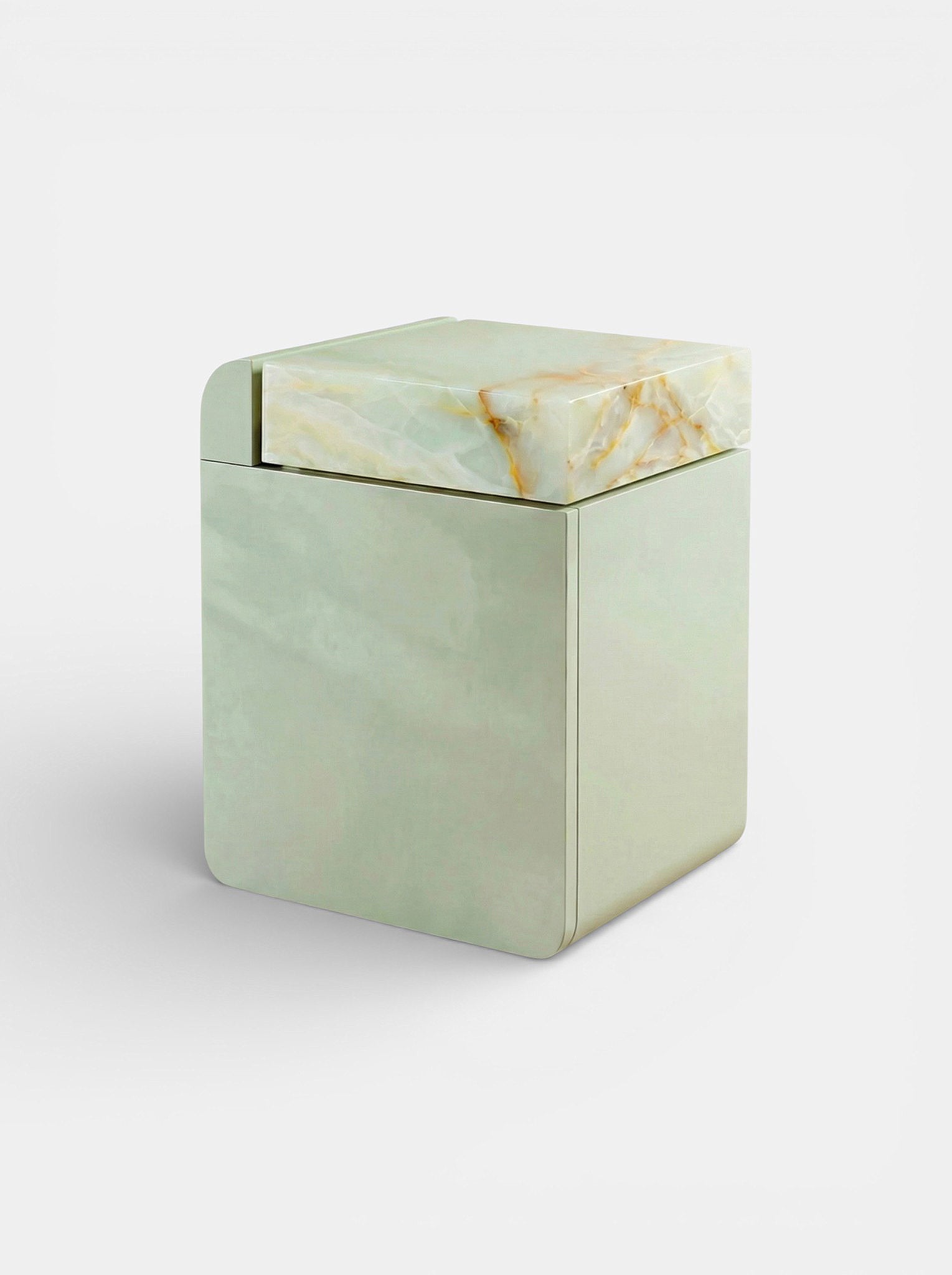 Three-quarter right angle of green onyx marble storage table - Italian handcrafted luxury furniture