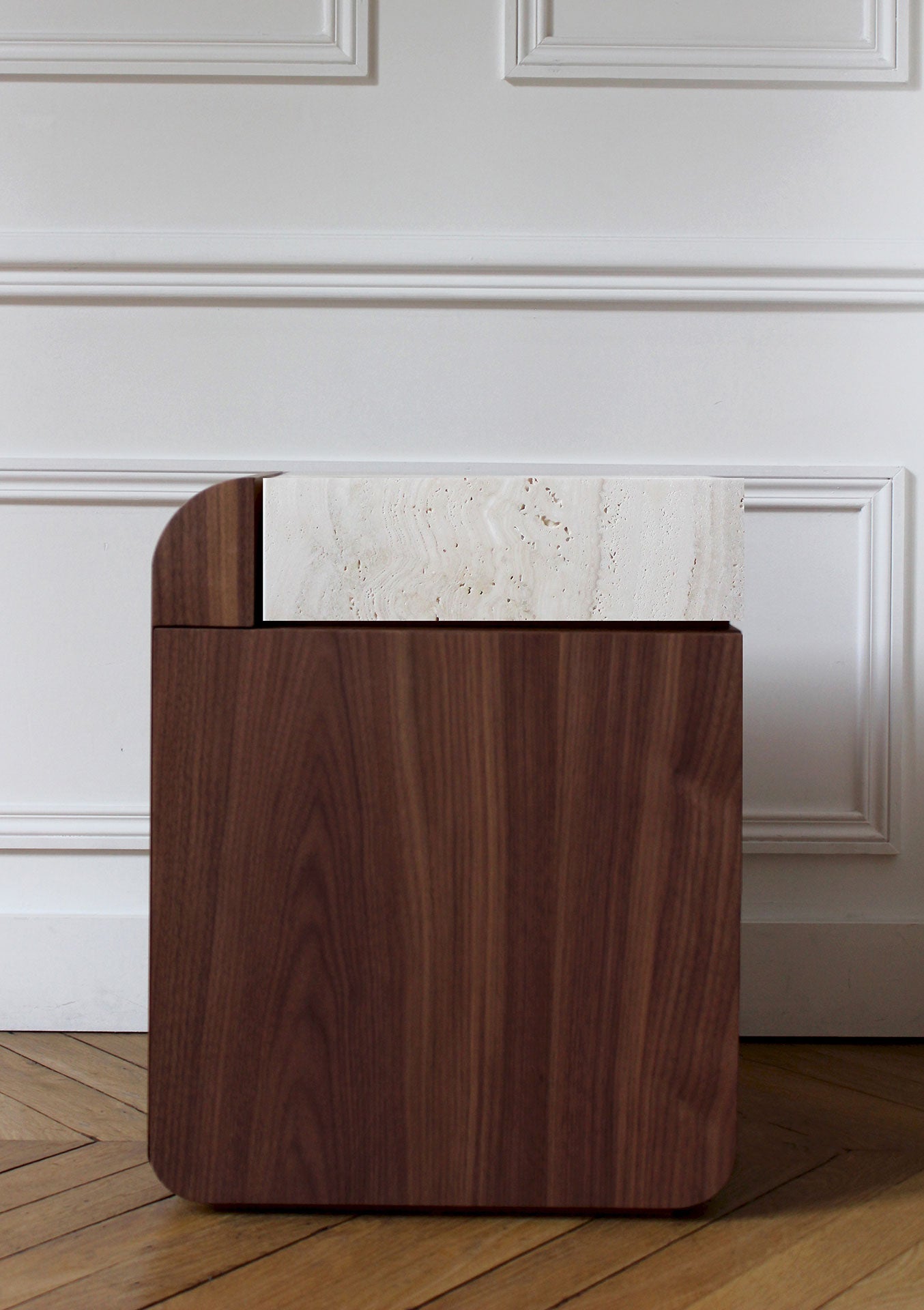 MARBERA Amo walnut travertine marble storage table, Italian luxury contemporary furniture craftsmanship