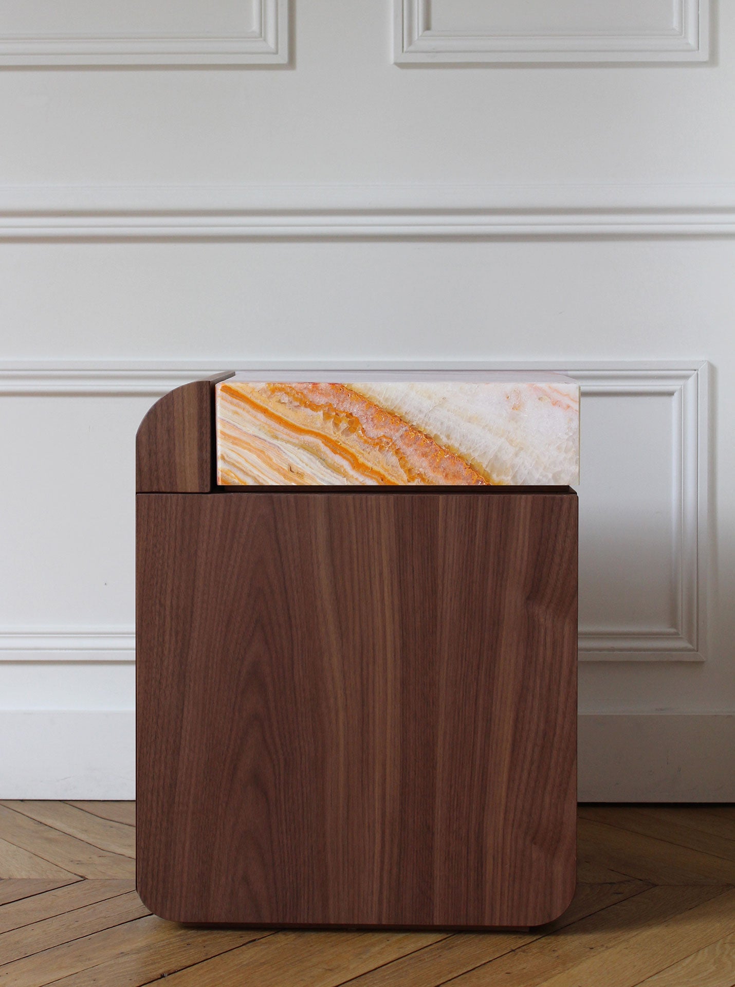MARBERA Amo walnut Van Gogh onyx marble storage table, Italian handcrafted luxury design furniture