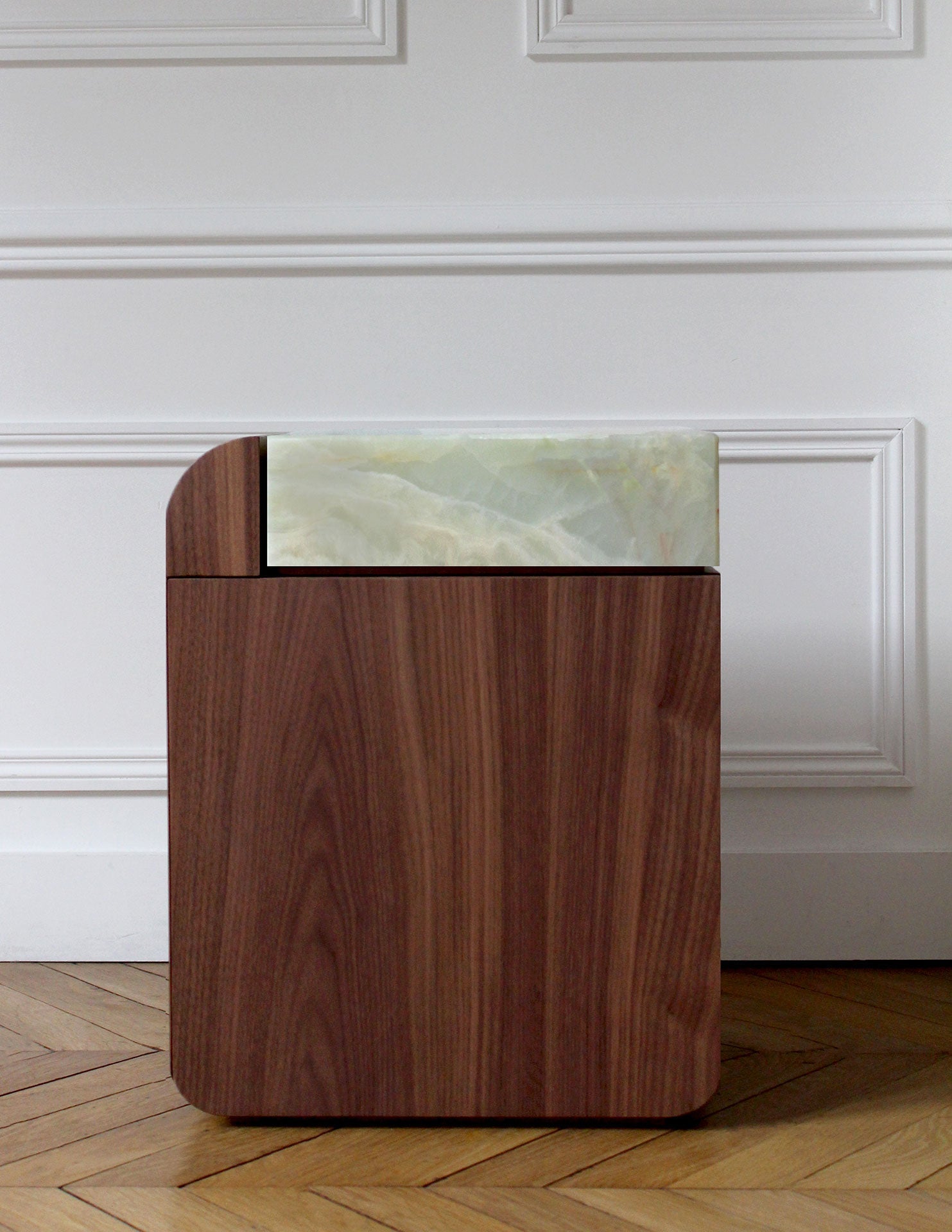 MARBERA Amo walnut green onyx marble storage table front, Italian crafted luxury furniture piece