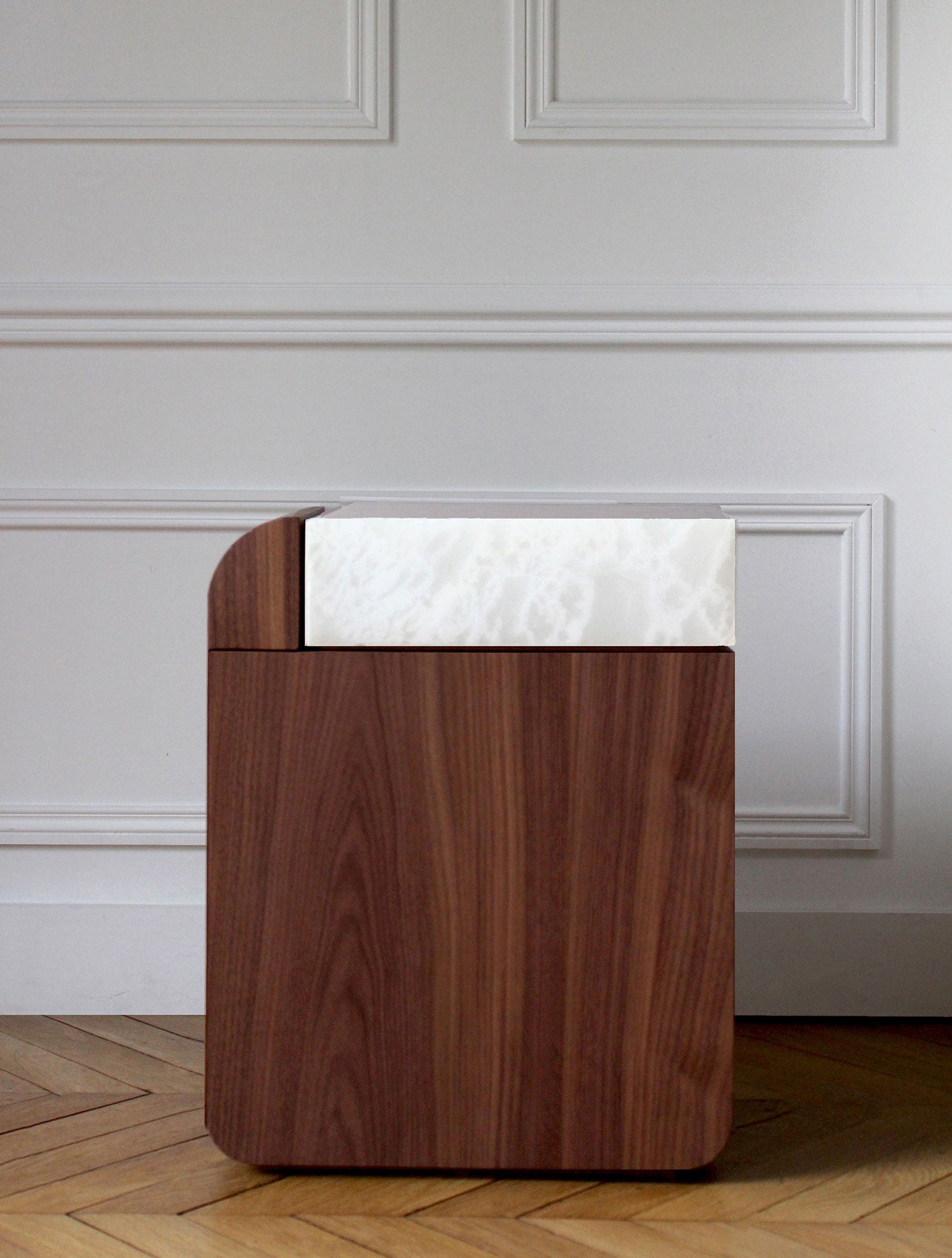 MARBERA Amo walnut white onyx marble storage table, Italian handcrafted modern luxury furniture piece