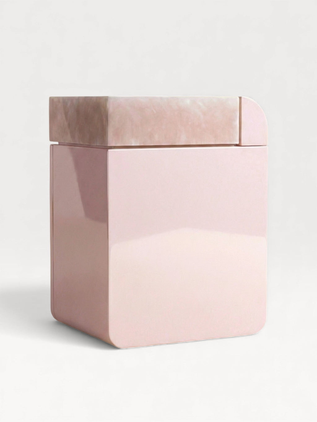 MARBERA Amo pink onyx marble storage table back view, contemporary Italian luxury furniture design