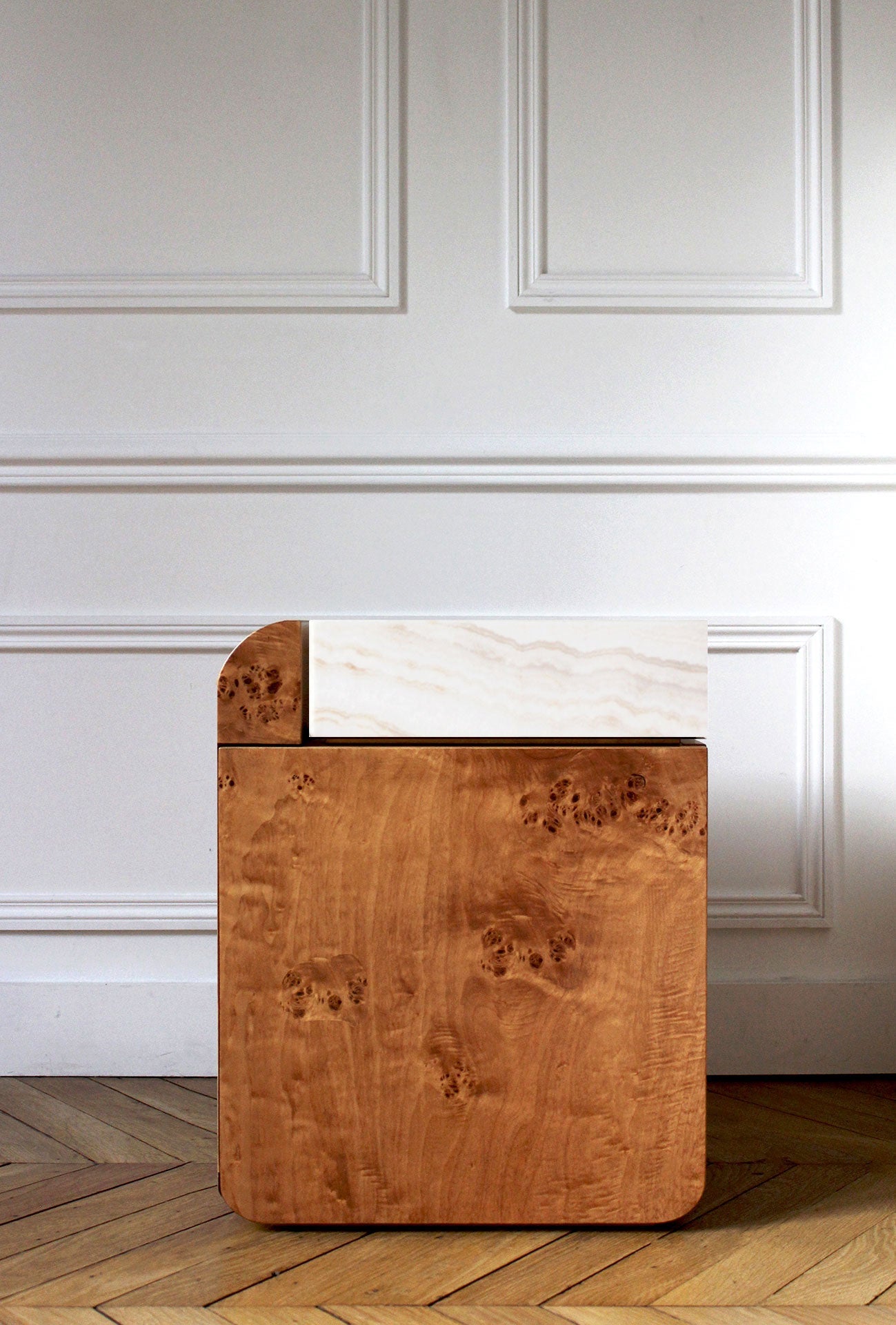 Burl wood Amo table with ivory onyx marble accents - handcrafted Italian luxury furniture design