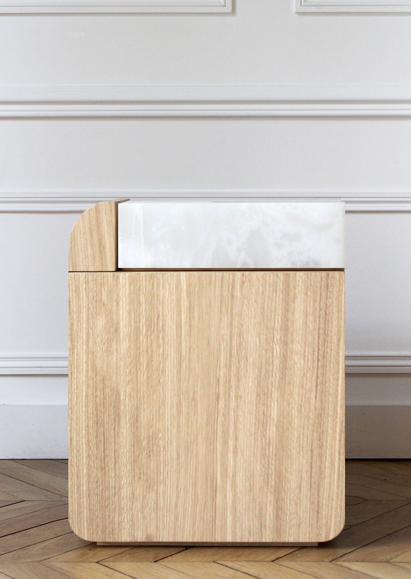 White onyx marble and oak wood Amo storage table - luxury Italian contemporary furniture MARBERA