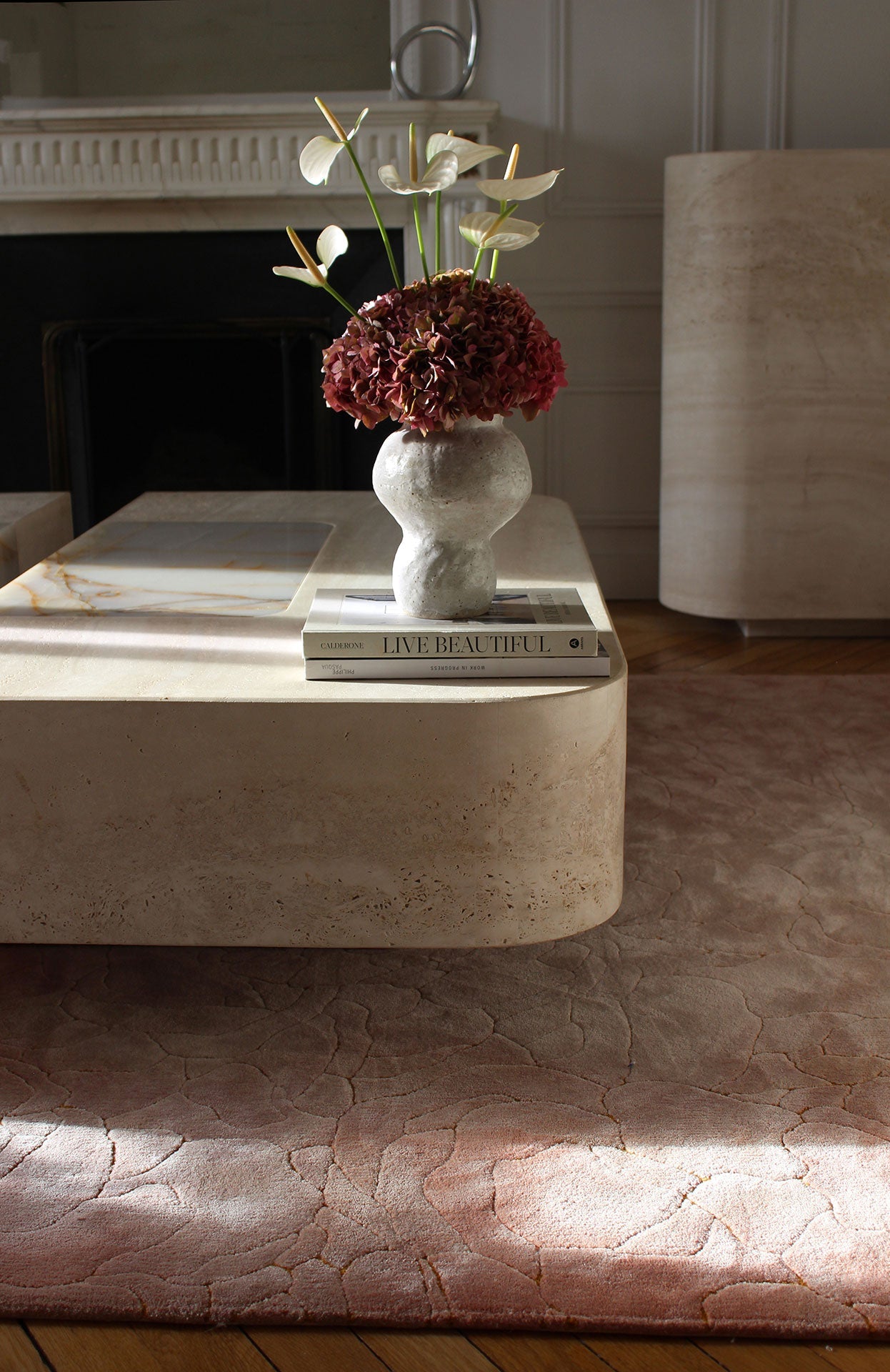 Italian Baci marble coffee table detail - showcasing natural stone veining and expert craftsmanship