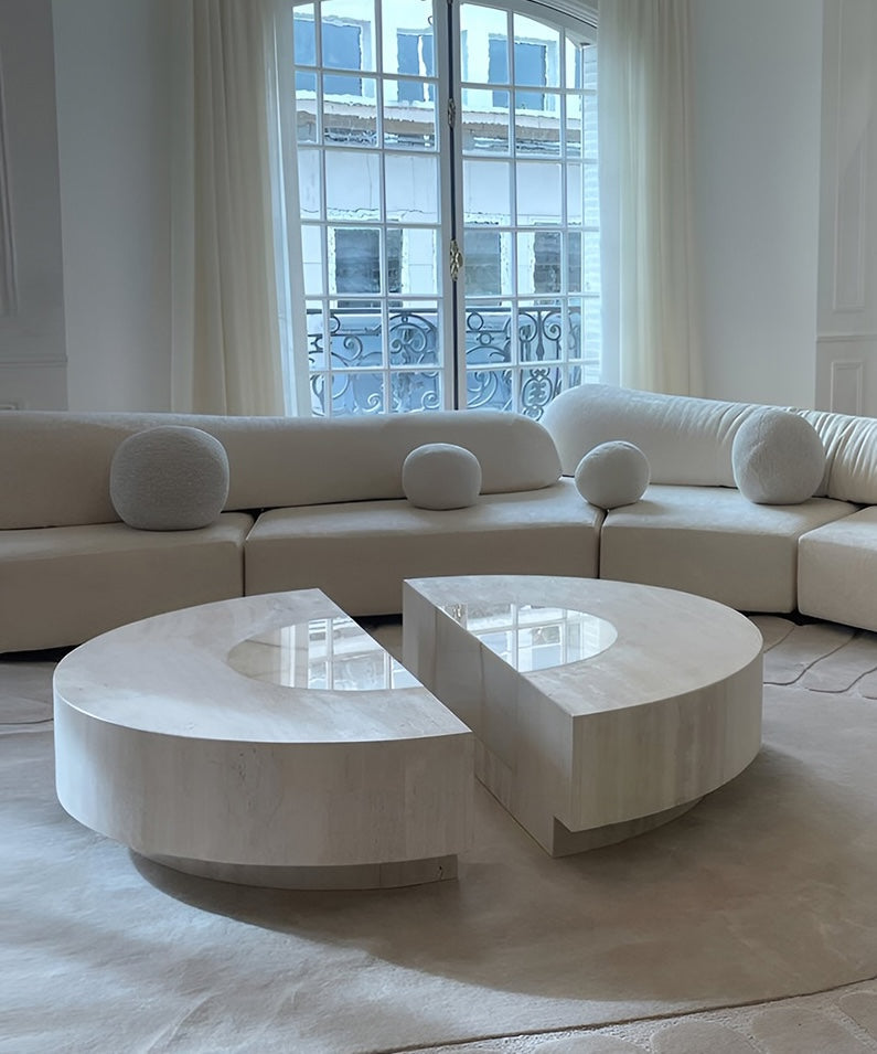 Italian round Baci marble table detail - luxury travertine and onyx craftsmanship showcase