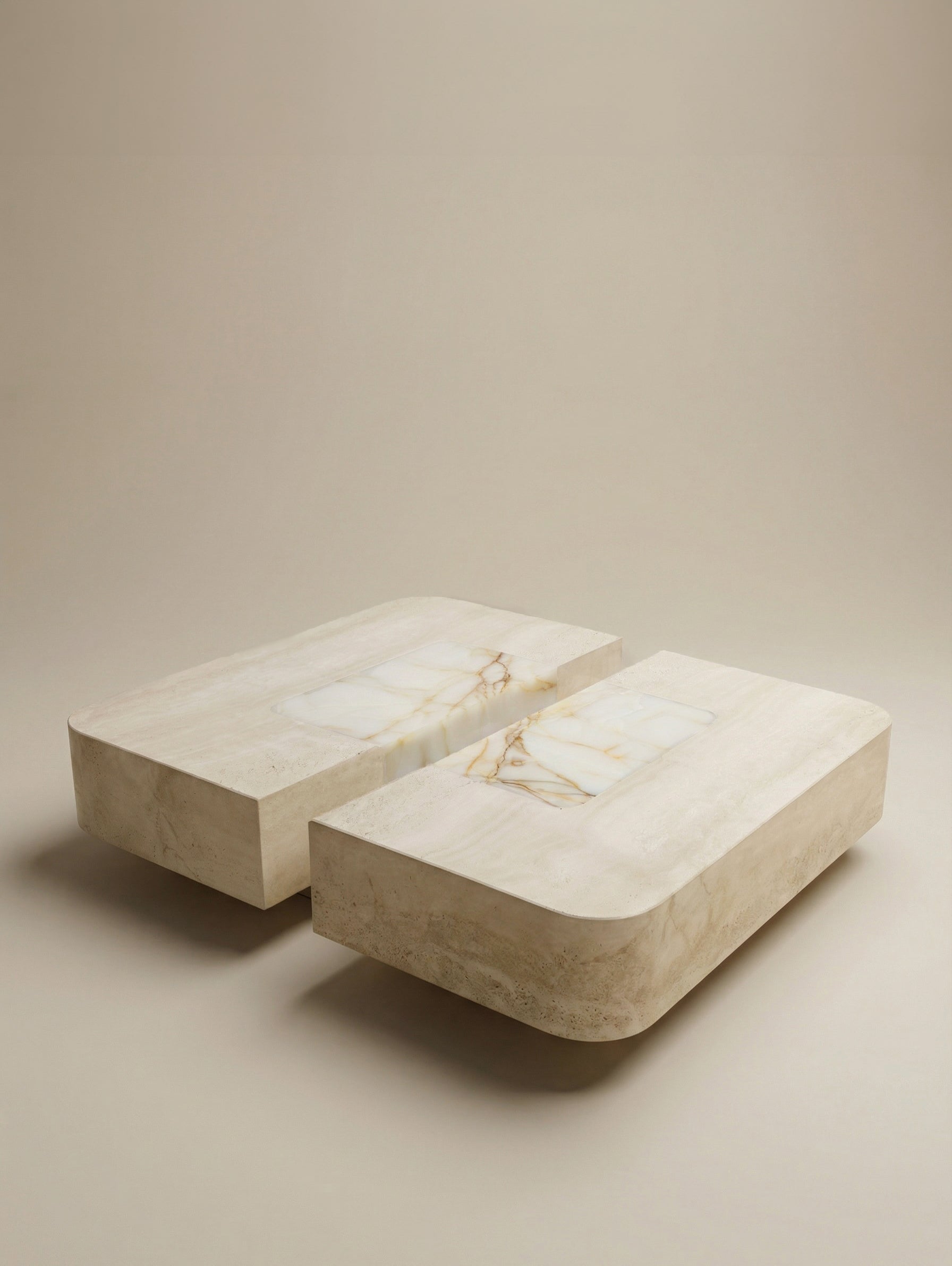 Travertine and shell onyx Baci coffee table - dual marble design with natural stone contrast