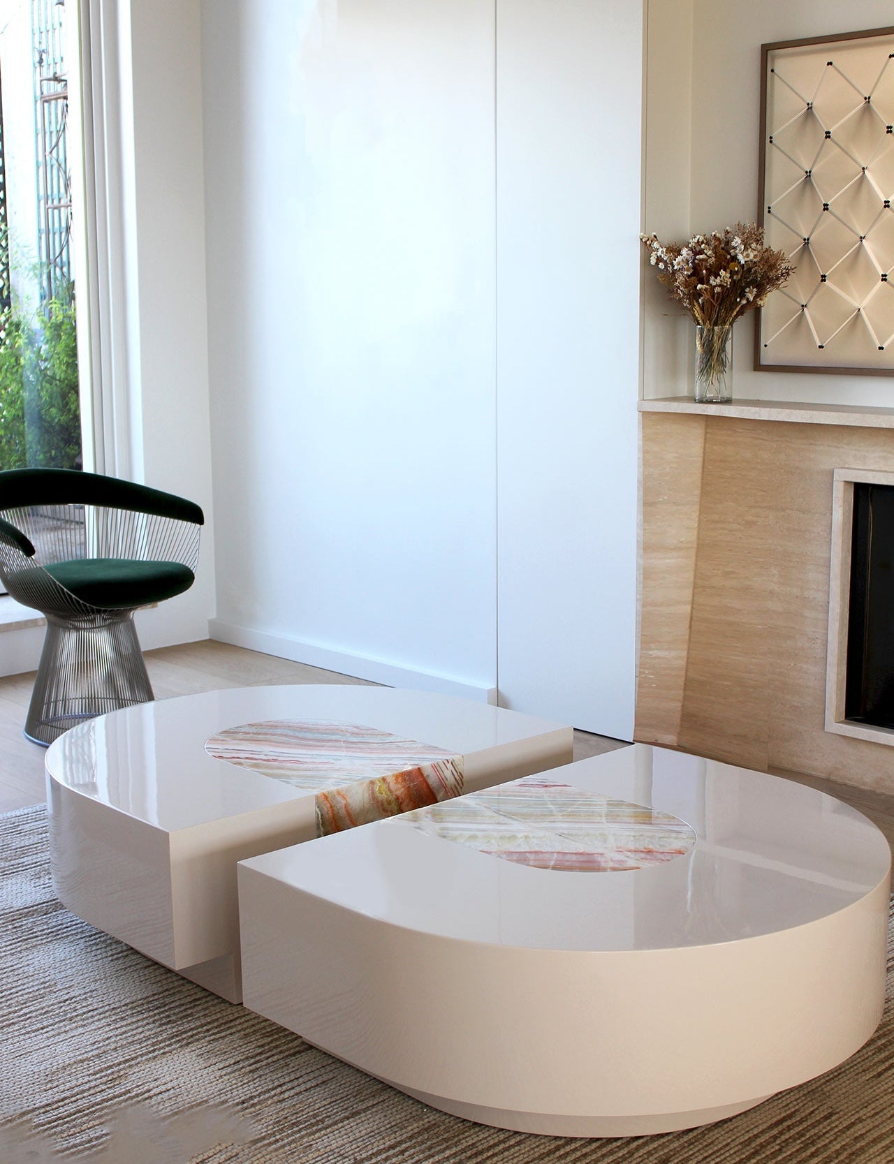 Modern rainbow onyx coffee table detail shot highlighting premium Italian marble craftsmanship