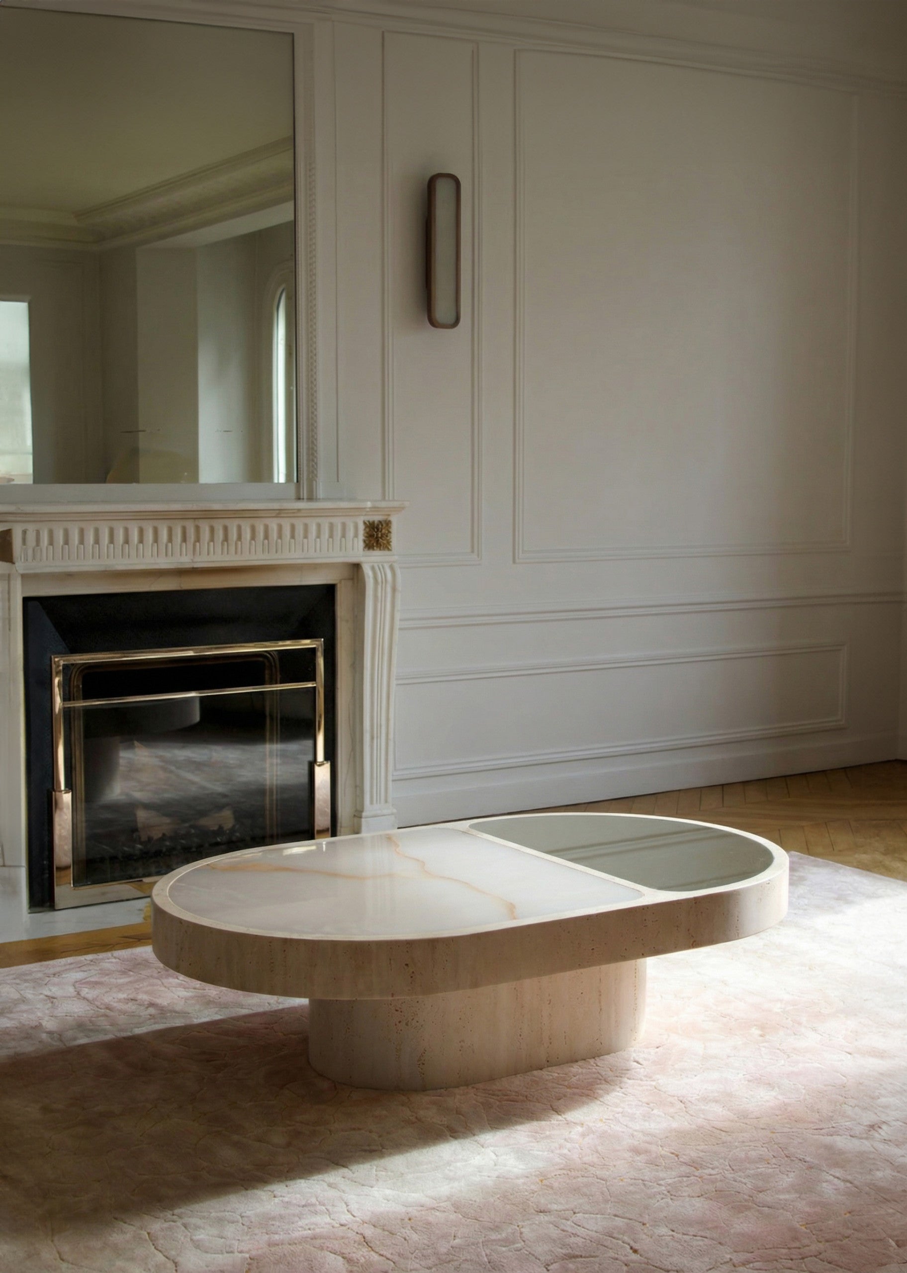 Cohesion coffee table featuring natural shell onyx marble top with travertine - contemporary Italian furniture
