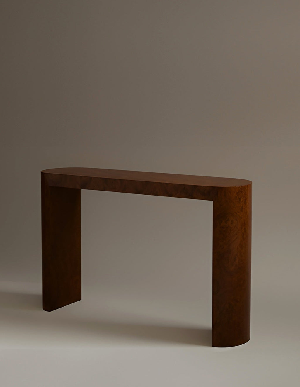 Luna burl wood console detail view revealing natural burl wood grain patterns and texture
