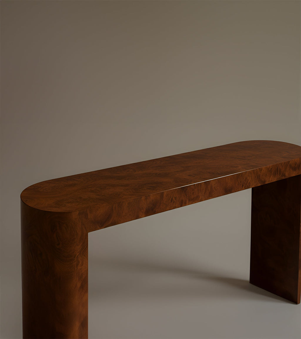 Luna burl wood console alternative angle - elegant natural wood Italian luxury furniture piece