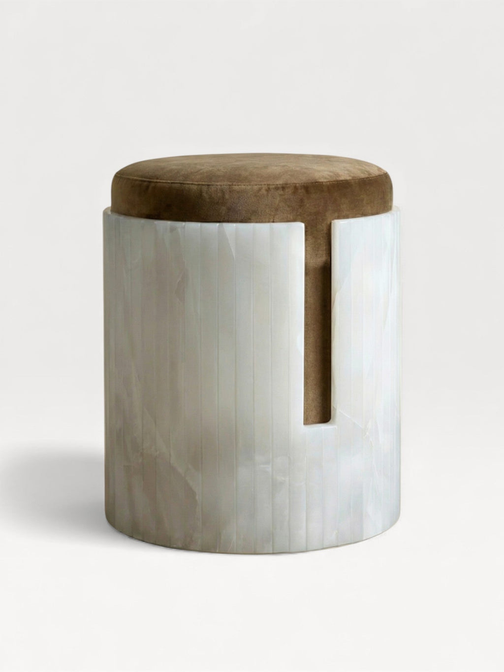 Dolce stool left view showcasing White Onyx marble base and premium brown leather upholstery