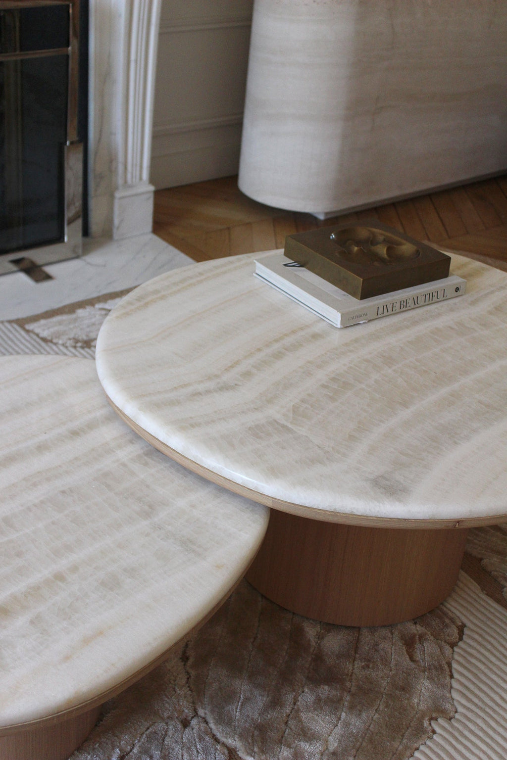 Italian ivory onyx oak Alexis table - MARBERA handcrafted luxury furniture three quarter angle