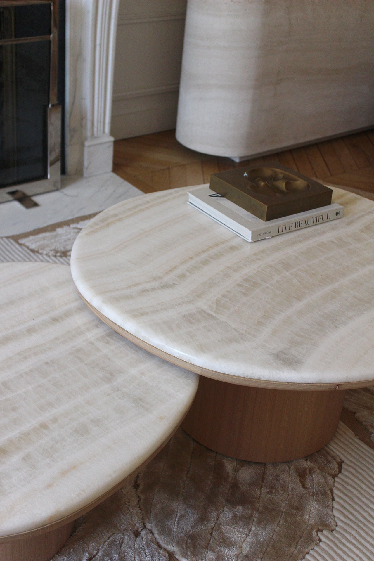 Italian ivory onyx oak Alexis table - MARBERA handcrafted luxury furniture three quarter angle