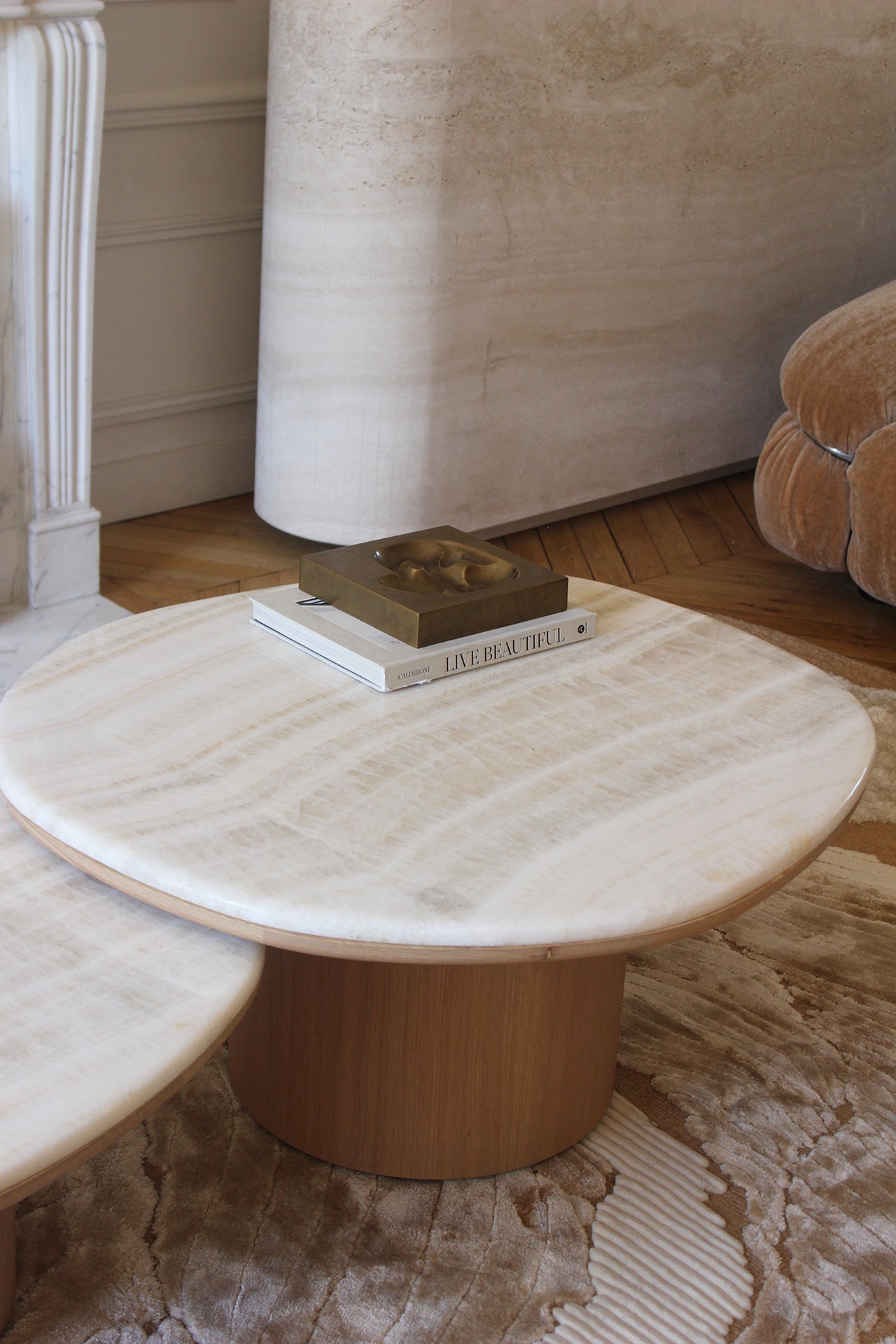 Premium Alexis duo ivory onyx oak table - Italian luxury furniture three quarter display