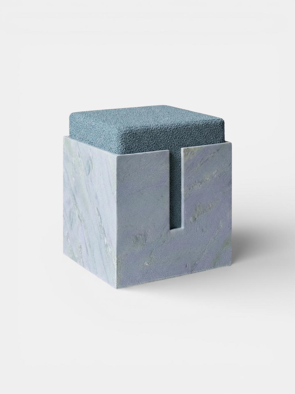 Blue sky marble stool three-quarter left view, Italian luxury stone furniture with organic curves