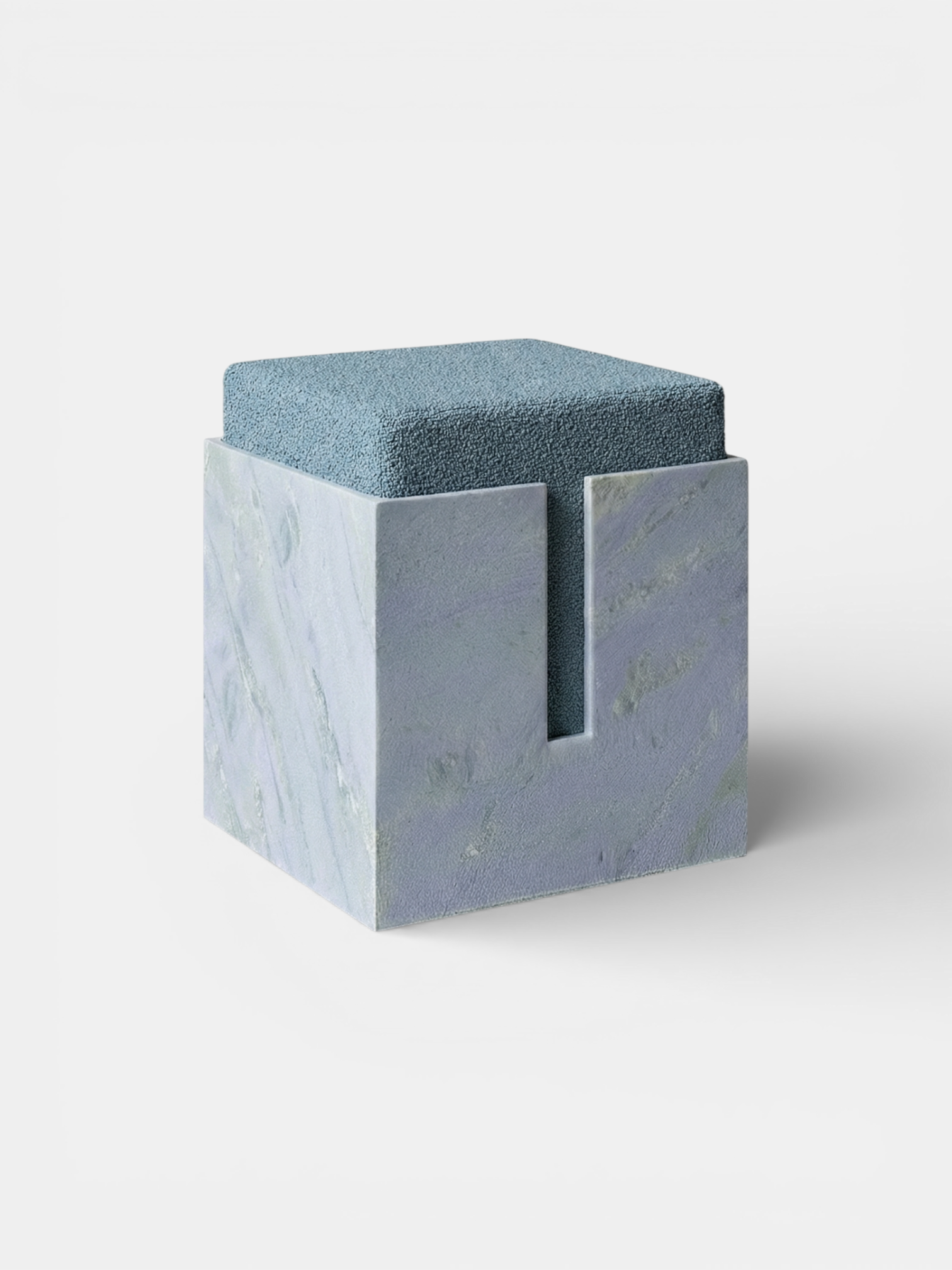 Blue sky marble stool three-quarter left view, Italian luxury stone furniture with organic curves