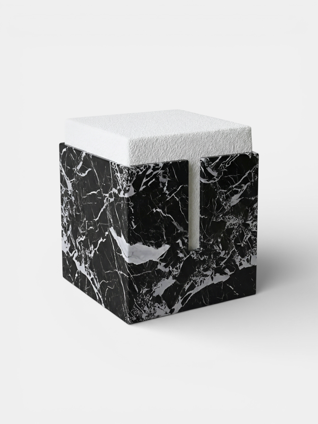 Grand antique marble stool left side view, Italian handcrafted luxury stone furniture sculptural form