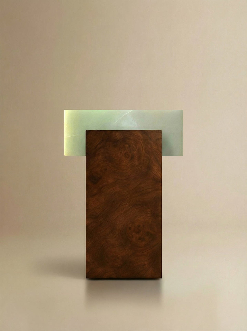 MARBERA Gaia burl wood green onyx profile view - handcrafted Italian furniture showing marble-wood fusion