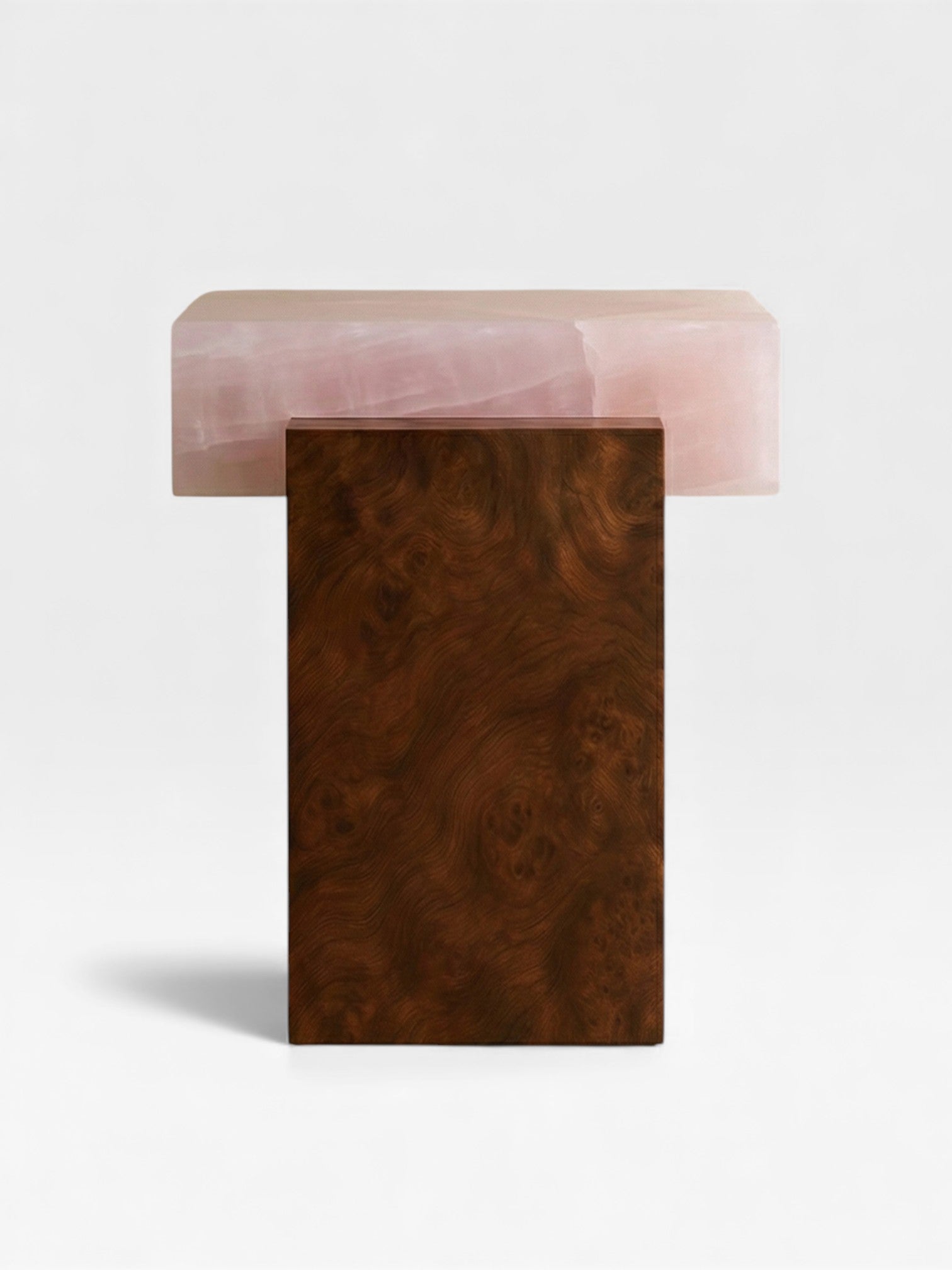 MARBERA Gaia burl wood pink onyx detail view - premium Italian furniture combining wood and marble beauty