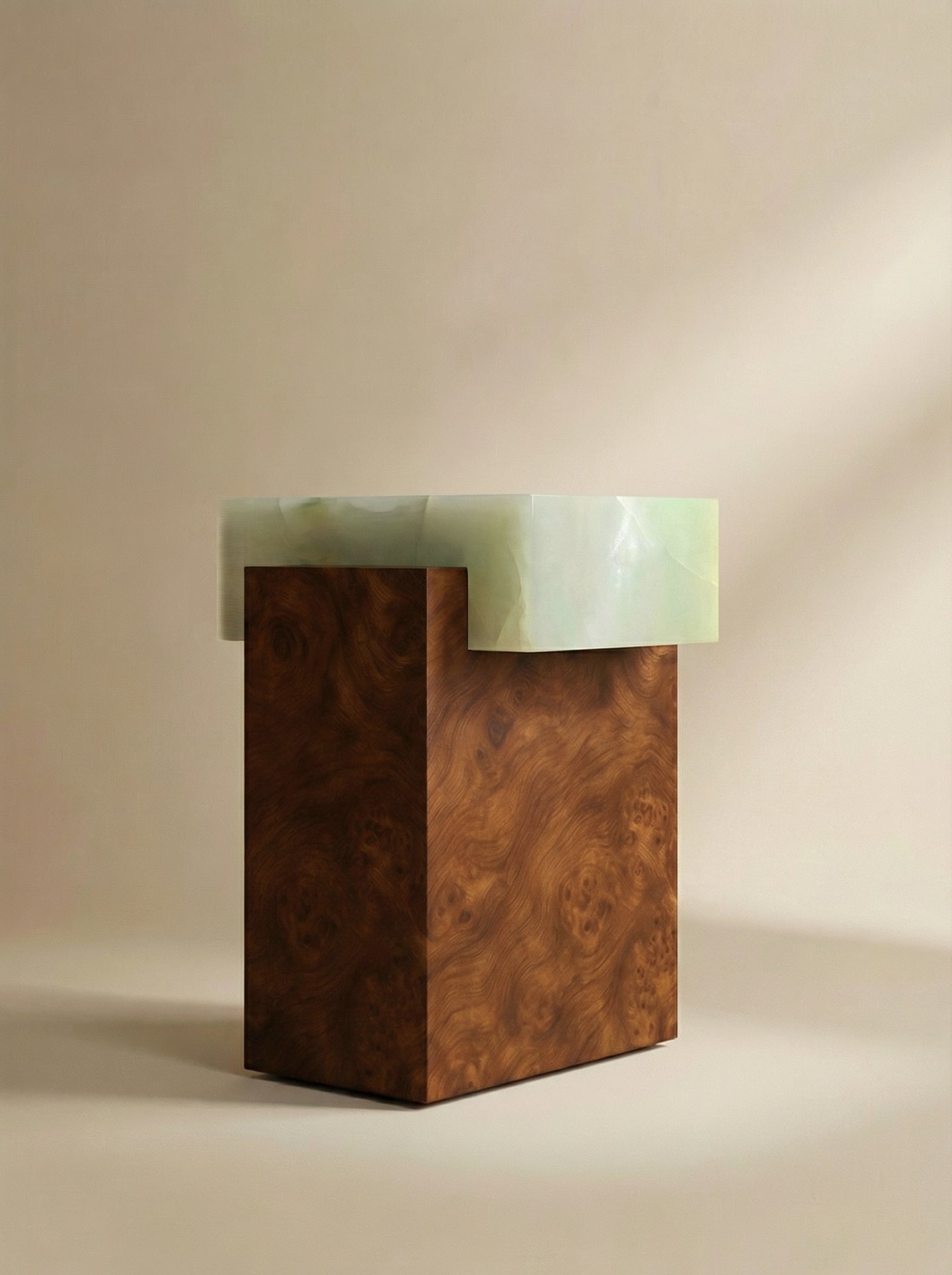 MARBERA Gaia burl wood green onyx detailed angle - premium Italian furniture with natural stone veining