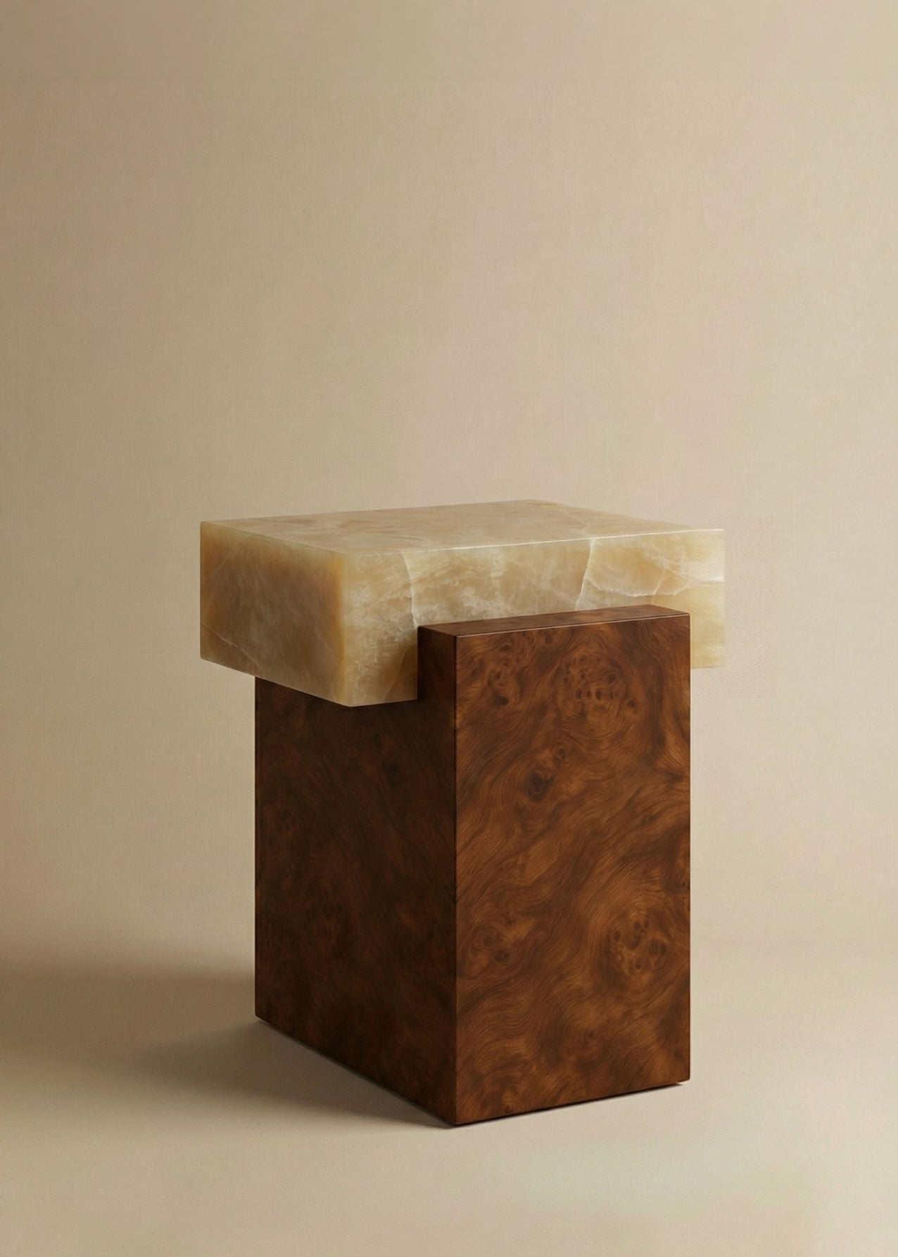 MARBERA Gaia burl wood honey onyx side view - Italian crafted furniture showcasing warm marble tones