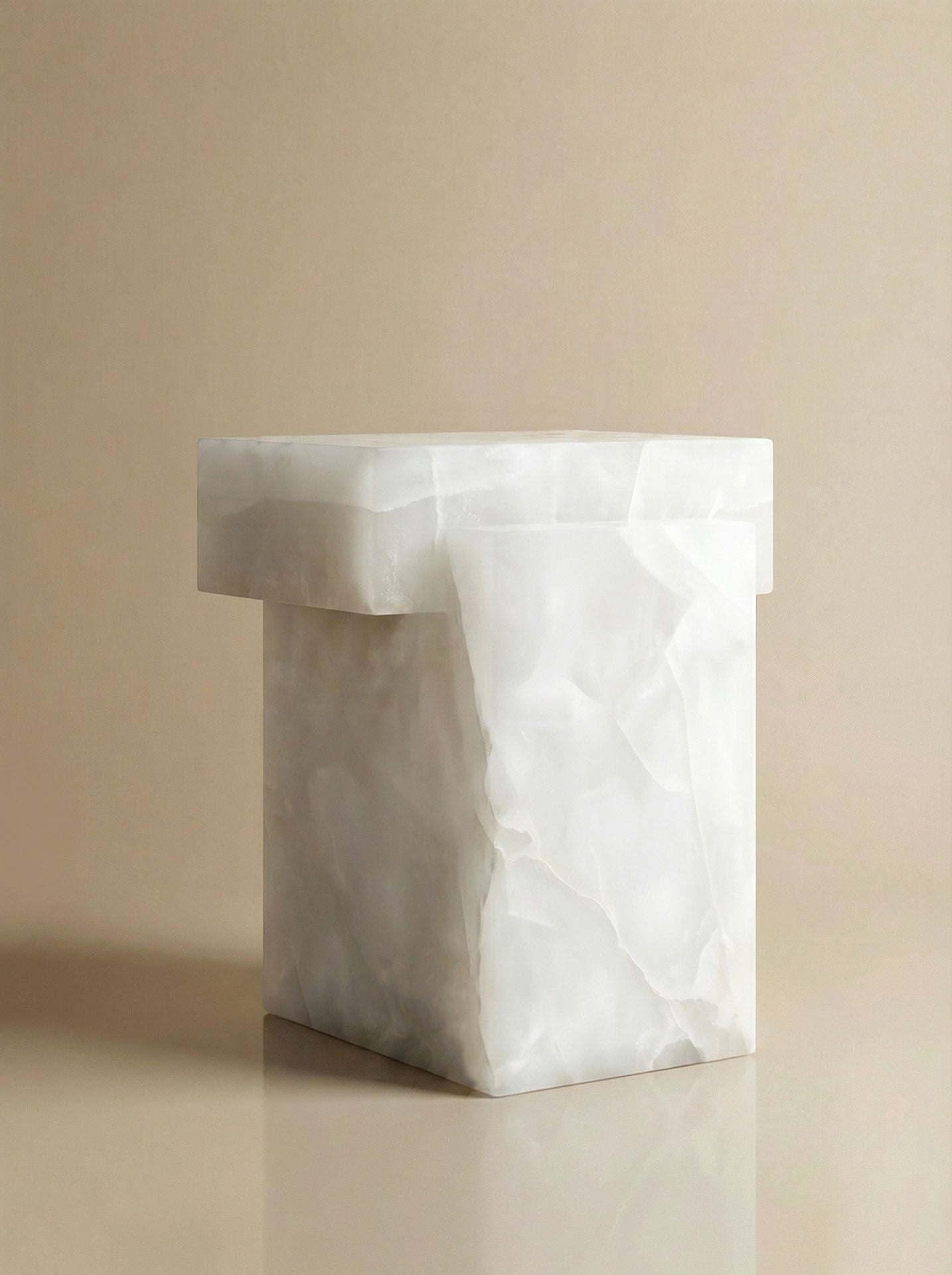 Gaia white onyx marble table three-quarter angle view showcasing elegant Italian luxury design