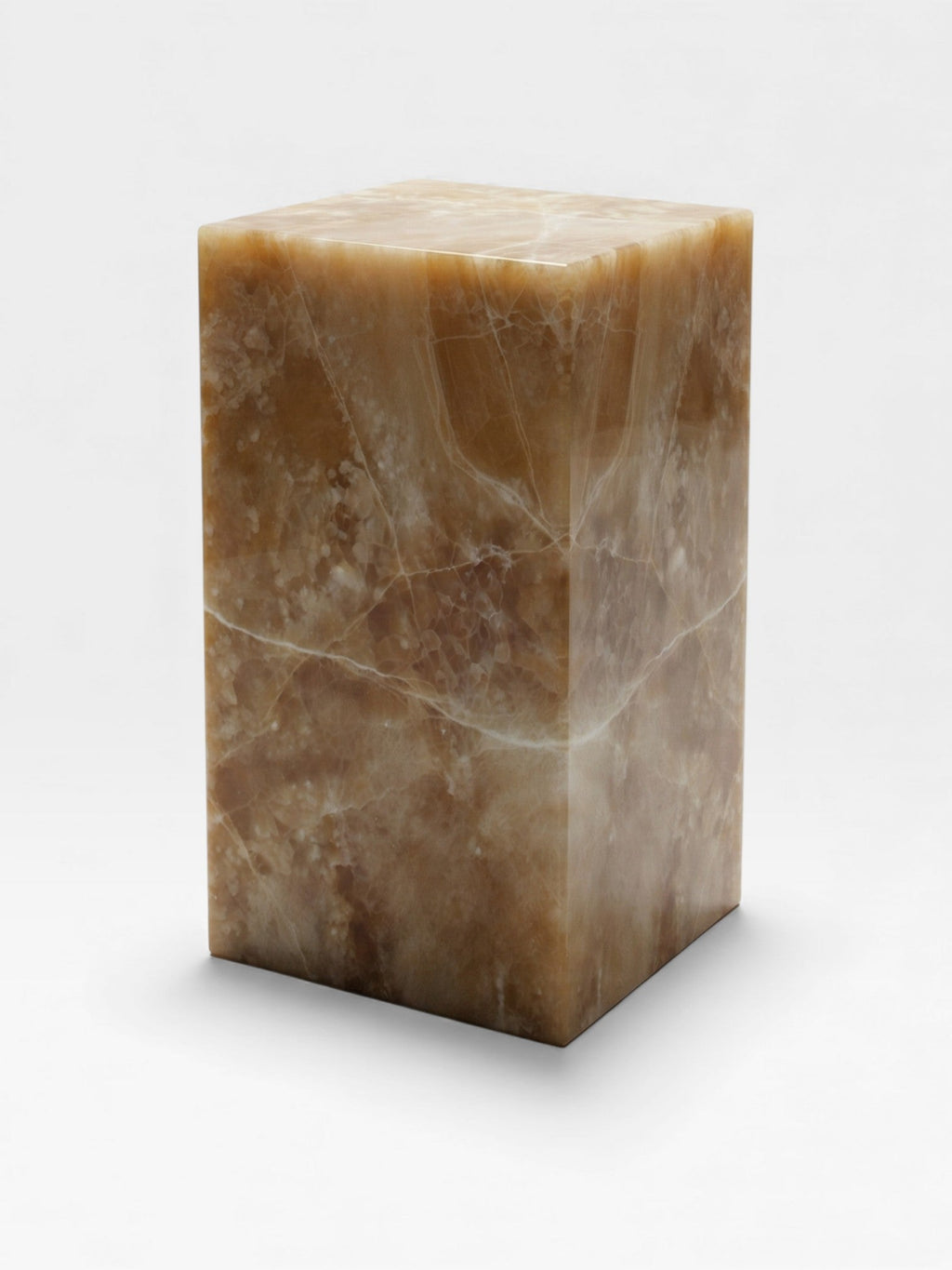 Three-quarter left view honey onyx plinth - MARBERA Italian crafted marble display pedestal stand
