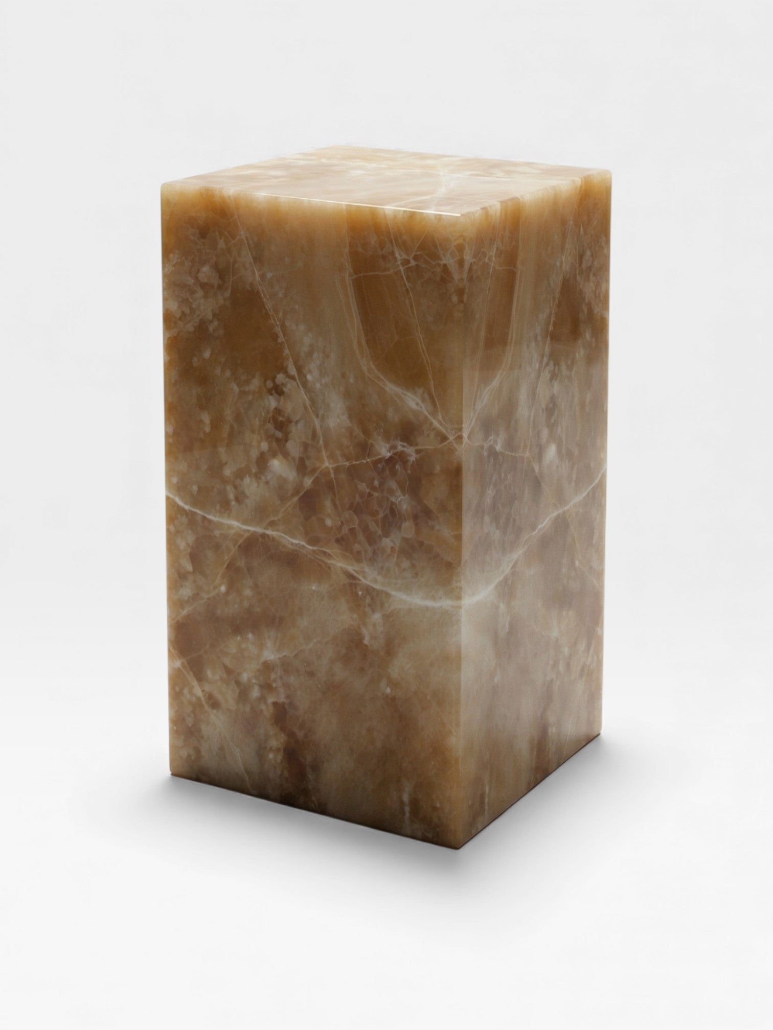 Three-quarter left view honey onyx plinth - MARBERA Italian crafted marble display pedestal stand