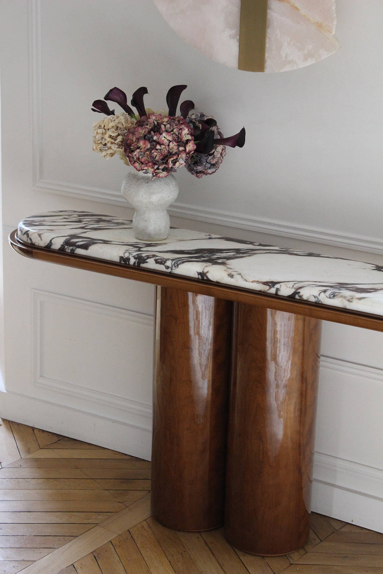 Italian Ida console Calacatta Viola - premium marble and wood furniture with artistic stone patterns
